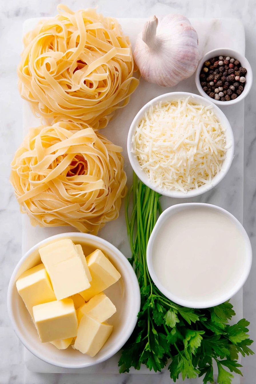 Flat lay of fresh dry fettuccine pasta nests, a small white ceramic bowl with bright yellow butter cubes, one whole uncracked brown garlic bulb clove, a small white ceramic bowl filled with rich heavy cream, a small pile of finely shredded pale yellow Parmesan cheese, a small white ceramic bowl containing coarse sea salt, a small white ceramic bowl with cracked black peppercorns, and a few fresh sprigs of vibrant green Italian parsley arranged symmetrically around the center, all placed on a clean white marble surface, soft natural light, photo taken with an iPhone, professional food photography style, fresh ingredients, white ceramic bowls, no bottles, no duplicates, no utensils, no packaging --ar 2:3 --v 7 --p m7354615311229779997 - Creamy Fettuccine Alfredo, easy Alfredo pasta, cheesy Alfredo sauce, quick pasta dinner, homemade Alfredo recipe