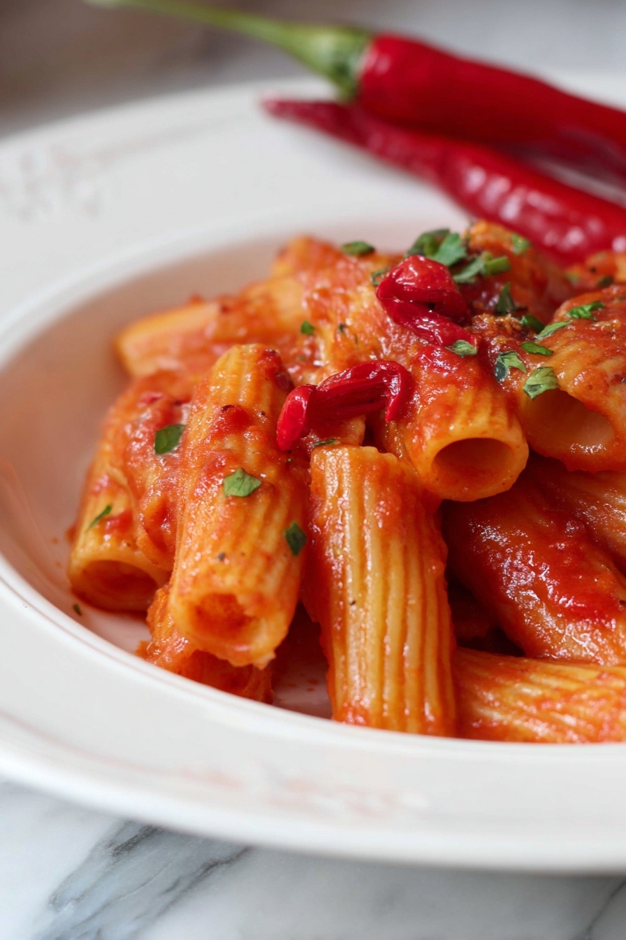 A close-up view of two pieces of tube-shaped pasta covered with shiny red tomato sauce and small green herb leaves, twisted around a silver fork held by a woman's hand. The pasta looks soft with a smooth texture, coated evenly with the bright red sauce. The background includes a white plate with more pasta visible, placed on a white marbled surface, with out-of-focus red chili peppers in the distance. Photo taken with an iphone --ar 2:3 --v 7 - Spicy Penne Arrabbiata, Penne Arrabbiata, spicy pasta recipe, Italian pasta sauce, quick spicy dinner