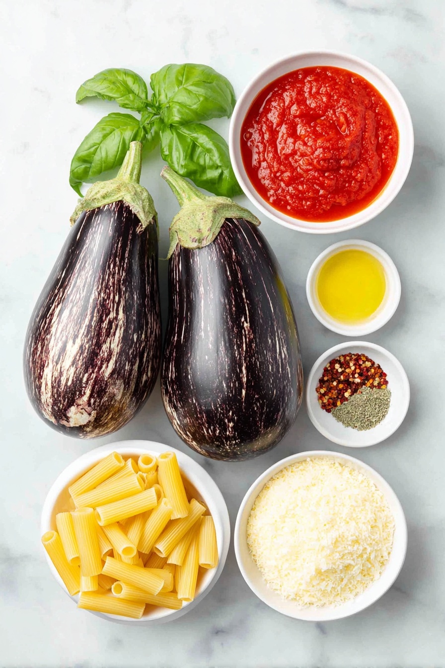 Flat lay of two medium eggplants with striped dark purple and cream skin, a small white ceramic bowl of bright red marinara sauce, a small white ceramic bowl filled with extra-virgin olive oil, a small white ceramic bowl containing fine salt, a handful of whole fresh green basil leaves, a small white ceramic bowl of red pepper flakes, a small white ceramic bowl with dried oregano leaves, a small white ceramic bowl heaped with finely grated pale yellow ricotta salata and Parmesan cheese, a cluster of whole uncracked brown eggs, and a neatly coiled portion of dry rigatoni pasta, all arranged in perfect symmetry with realistic proportions, placed on a clean white marble surface, soft natural light, photo taken with an iPhone, professional food photography style, fresh ingredients, white ceramic bowls, no bottles, no duplicates, no utensils, no packaging --ar 2:3 --v 7 --p m7354615311229779997 - Roasted Eggplant Pasta alla Norma, Eggplant pasta recipes, Italian vegetable pasta, easy vegan pasta dishes, hearty veggie pasta