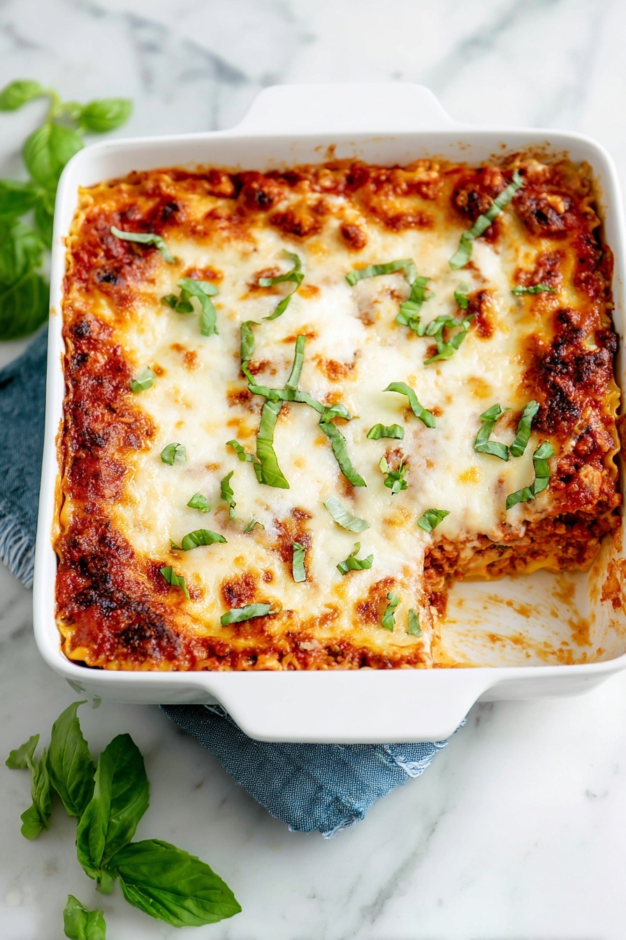 A white square dish holds a baked lasagna with visible layers topped with melted, creamy white cheese that has browned edges. The lasagna shows a rich red tomato sauce mixed with ground ingredients beneath the cheese, and scattered fresh green basil leaves add color contrast on top. The dish is on a white marbled surface with a blue cloth partially under the dish and some fresh basil leaves around it. Photo taken with an iphone --ar 2:3 --v 7 - Spinach Artichoke Lasagna, vegetarian lasagna, healthy lasagna, comforting veggie lasagna, cheesy spinach and artichoke lasagna