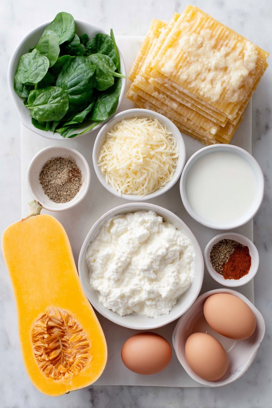 Flat lay of a halved butternut squash with vibrant orange flesh, a small mound of fresh green spinach leaves, a small white bowl of creamy white ricotta cheese, a small white bowl of shredded mozzarella cheese, a small white bowl of grated Parmesan cheese, two whole uncracked brown garlic cloves, a small white bowl of smooth milk, a small white bowl with a fine heap of Italian seasoning herbs, a small white bowl with bright red paprika powder, a small white bowl with dried green basil leaves, a small white bowl with fine ground nutmeg, a cluster of unbroken light golden lasagna noodles arranged neatly, and two whole uncracked brown eggs all arranged symmetrically on a clean white ceramic plate and bowls, placed on a clean white marble surface, soft natural light, photo taken with an iPhone, professional food photography style, fresh ingredients, white ceramic bowls, no bottles, no duplicates, no utensils, no packaging --ar 2:3 --v 7 --p m7354615311229779997 - Butternut Squash Spinach Lasagna, healthy vegetarian lasagna, cheesy vegetable lasagna, easy fall dinner, comforting baked pasta