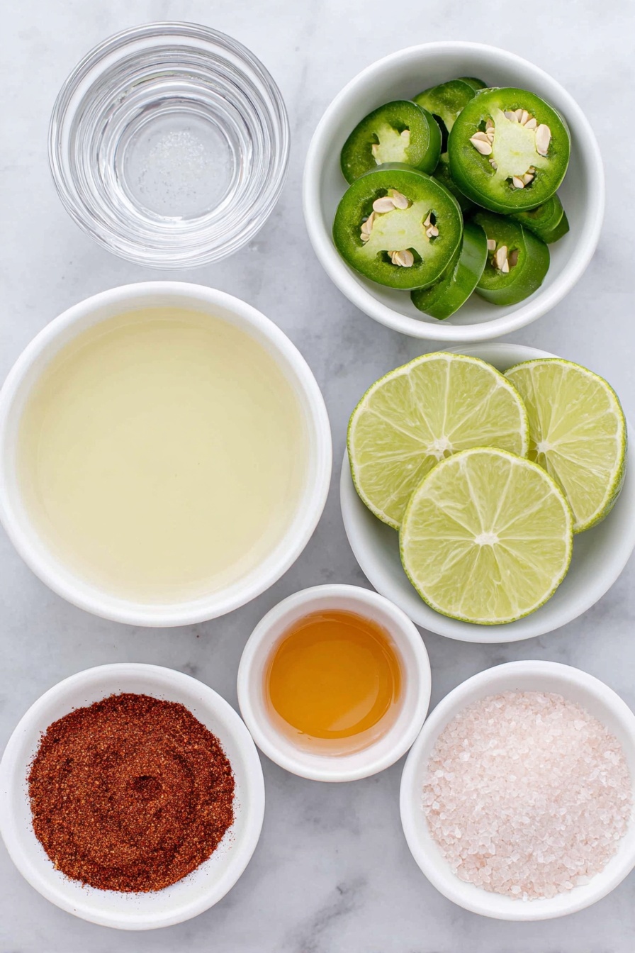 Flat lay of a small white ceramic bowl of silver tequila, a small white ceramic bowl of clear orange Cointreau liquor, a small white ceramic bowl of fresh lime juice with visible lime pulp, a small white ceramic bowl of translucent pickle brine, a few fresh bright green jalapeño slices arranged neatly, a small white ceramic bowl of golden honey, a small white ceramic bowl filled with coarse pink sea salt crystals, a small white ceramic bowl of deep red chipotle chili powder, and a small white ceramic bowl of white granulated sugar, all arranged in perfect symmetry with balanced spacing, placed on a clean white marble surface, soft natural light, photo taken with an iPhone, professional food photography style, fresh ingredients, white ceramic bowls, no bottles, no duplicates, no utensils, no packaging --ar 2:3 --v 7 --p m7354615311229779997 - Spicy Pickle Margarita, spicy margarita recipe, jalapeño pickle cocktail, tangy spicy margarita, easy spicy margarita