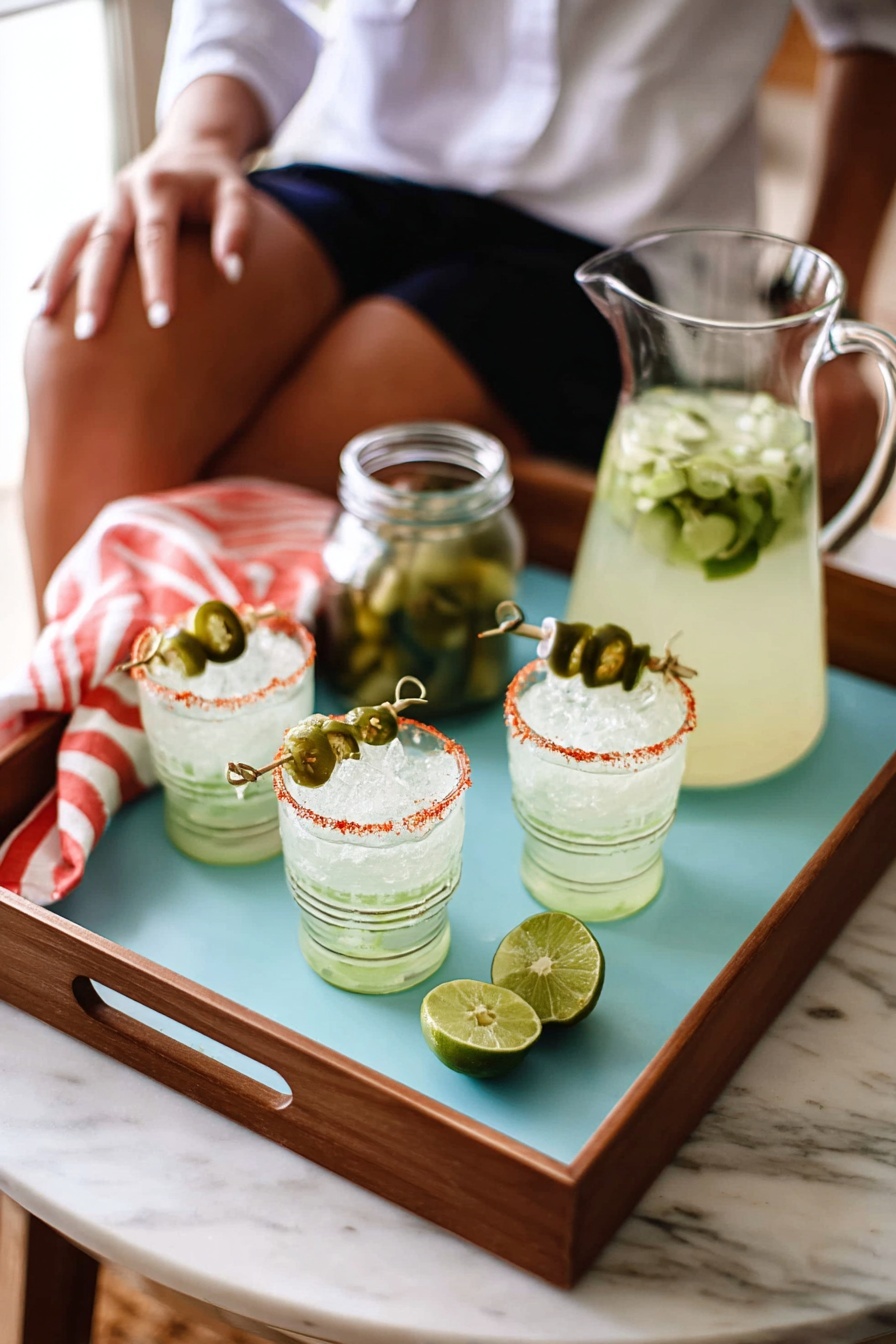 The image shows a light blue tray with a wooden frame on a white marbled surface. On the tray, there are three clear glasses filled with crushed ice and a light green drink, each glass rimmed with reddish seasoning and garnished with two small green pickles on a metal skewer placed horizontally across the glass tops. In the back left of the tray, there is a clear glass jar with multiple small green pickles inside and a red and white striped cloth next to it. Behind the glasses, a clear glass pitcher filled with a pale yellow drink and floating green jalapeño slices is placed. At the front of the tray, two squeezed lime halves rest on the surface. A woman's hand is reaching toward one of the glasses. The background includes part of a person wearing a white shirt and dark pants sitting with knees showing. Photo taken with an iphone --ar 2:3 --v 7 - Spicy Pickle Margarita, spicy margarita recipe, jalapeño pickle cocktail, tangy spicy margarita, easy spicy margarita