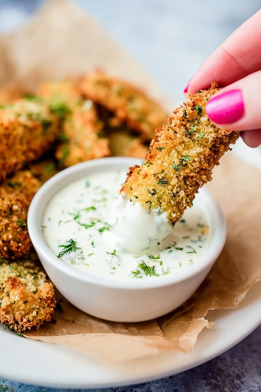 A close-up image showing a woman's hand with pink nail polish dipping a crispy, golden-brown breaded stick covered in green herbs into a small white bowl filled with creamy white sauce sprinkled with green herbs. The bowl is placed on a white plate lined with light brown parchment paper, and in the background, there are more breaded sticks lying on the parchment paper. The background surface has a soft blurred effect with cool tones. photo taken with an iphone --ar 2:3 --v 7 - Baked Pickle Fries with Dill Ranch Sauce, crunchy pickles snack, healthy baked pickle fries, homemade dill ranch dip, easy pickle appetizer