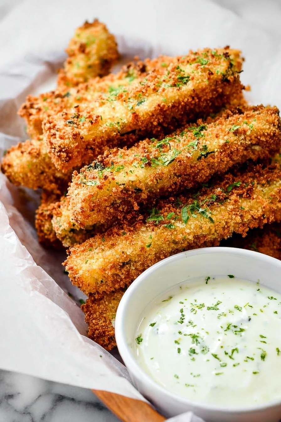 This image shows a stack of crispy, golden-brown breaded sticks arranged in a white basket lined with parchment paper. The breaded sticks have a crunchy texture with small green herb sprinkles on top. To the right side of the basket is a white bowl filled with a creamy white dipping sauce also sprinkled with green herbs. The whole setup rests on a white marbled surface. photo taken with an iphone --ar 2:3 --v 7 - Baked Pickle Fries with Dill Ranch Sauce, crunchy pickles snack, healthy baked pickle fries, homemade dill ranch dip, easy pickle appetizer
