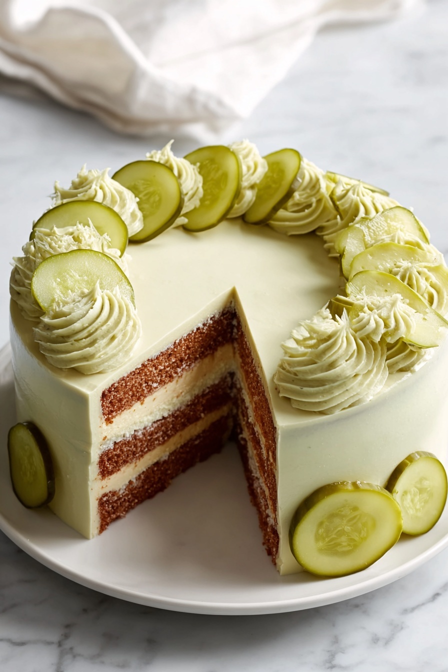 A round cake with three visible layers of light brown sponge and creamy filling in between, covered smoothly with white frosting that has a swirl pattern on top. The cake is decorated with a ring of evenly spaced sliced pickles all around the top edge and sides. One slice of the cake is slightly pulled out, showing the inside layers clearly. The cake sits on a white plate placed on a white marbled surface, with a white cloth in the background. photo taken with an iphone --ar 2:3 --v 7 - Sweet and Tangy Pickle Cake, unique pickle dessert, sweet and tangy cake, easy pickle cake recipe, innovative dessert ideas