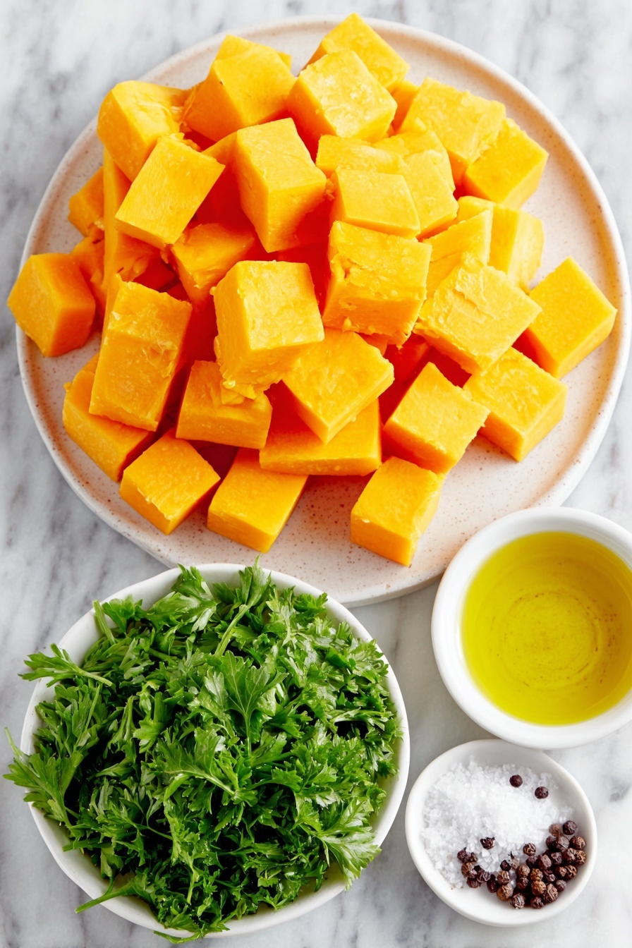 Flat lay of a small pile of peeled and cubed butternut squash with vibrant orange color, a small white bowl of golden extra-virgin olive oil, a few scattered coarse sea salt crystals, some whole black peppercorns arranged neatly, and a small bunch of fresh chopped parsley with bright green leaves, all placed symmetrically on simple white ceramic bowls and plates, placed on a clean white marble surface, soft natural light, photo taken with an iPhone, professional food photography style, fresh ingredients, white ceramic bowls, no bottles, no duplicates, no utensils, no packaging --ar 2:3 --v 7 --p m7354615311229779997 - Roasted Butternut Squash, roasted butternut squash recipe, fall vegetable side dishes, healthy butternut squash, caramelized squash cubes