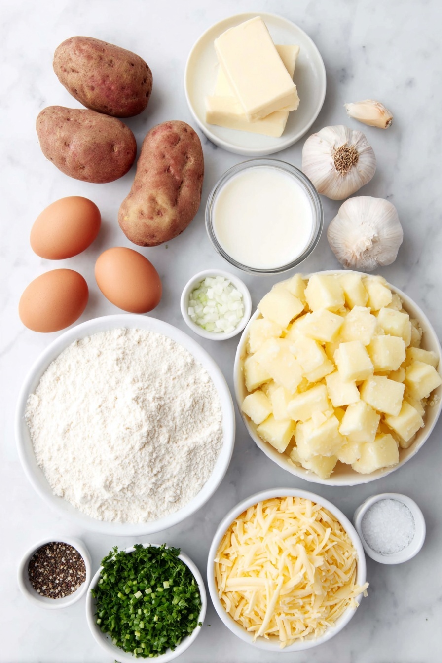 Flat lay of fresh diced Russet potatoes in a small white ceramic bowl, diced bright orange carrots in another small white bowl, a single peeled garlic clove whole on the surface, a stick of creamy butter placed whole, a small white bowl filled with pale all-purpose flour, a small white bowl of whole milk, fresh chopped vibrant green parsley loosely scattered and in a small white bowl, a small white bowl of shredded sharp cheddar cheese with vivid yellow-orange color, a small white bowl of finely chopped green onions, three whole uncracked brown eggs arranged perfectly, a small white bowl of coarse black pepper, a small white bowl of coarse kosher salt placed symmetrically, all ingredients balanced and neatly arranged with perfect symmetry, placed on a clean white marble surface, soft natural light, photo taken with an iPhone, professional food photography style, fresh ingredients, white ceramic bowls, no bottles, no duplicates, no utensils, no packaging --ar 2:3 --v 7 --p m7354615311229779997 - Creamy Potato Soup with Cheddar, cheesy potato soup, easy potato soup recipe, creamy soup with cheddar, comforting potato chowder