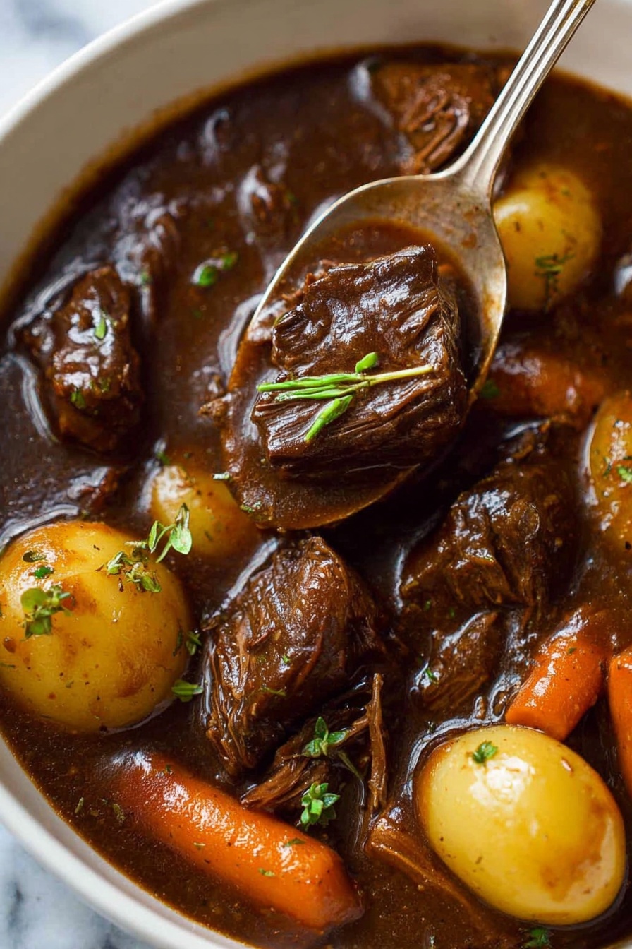A white bowl contains a rich brown stew with several chunky pieces of dark brown meat layered on top, surrounded by whole small round golden potatoes and light green celery sticks. A thick brown sauce covers the meat and vegetables, pooling slightly over a creamy, smooth white mash on one side of the bowl. Small green herb sprigs are sprinkled on top for garnish, and a silver spoon rests inside the bowl against the stew. The bowl sits on a white marbled surface. photo taken with an iphone --ar 2:3 --v 7 - Classic Beef Stew with Red Wine, hearty beef stew, red wine beef stew, comforting beef stew recipe, flavorful beef stew