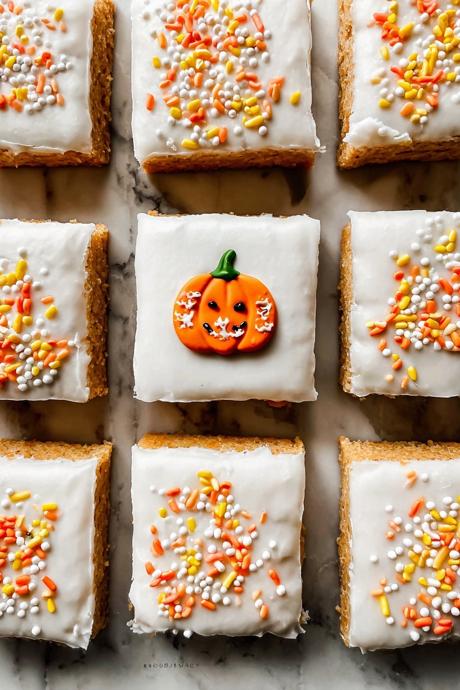 The image shows a close-up of square cake pieces arranged tightly together on a white marbled surface. Each cake piece has two layers: a dark brown, moist-looking cake base, and a thick, smooth white frosting on top. The frosting is decorated with small, colorful Halloween-themed sprinkles in orange, yellow, white, and gold, including round dots and star shapes. Two of the cake squares have a small, round pumpkin decoration made of tiny, tightly packed candy beads in orange, green, and black, positioned near the center. One cake piece in the middle is lifted slightly, revealing its soft, crumbly texture inside and the frosting layer on top. The photo taken with an iphone --ar 2:3 --v 7 - Delicious Pumpkin Bars with Cream Cheese Frosting, pumpkin bars recipe, fall dessert recipes, pumpkin spice bars, easy pumpkin dessert