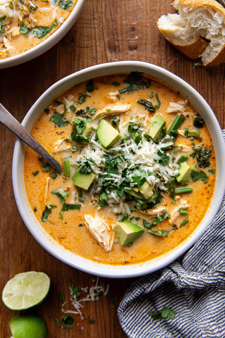 A white bowl filled with creamy orange soup layered with shredded white cheese, chunks of green avocado, and topped with green chopped scallions and chopped cilantro leaves scattered generously across the surface. Pieces of tender white chicken pieces are partially submerged in the soup, which has a smooth texture with some small visible bits of vegetables. A silver spoon rests inside the bowl on the left side, and the bowl sits on a wooden table with a piece of bread and some crumbs to the top right. A striped cloth napkin is near the bowl on the bottom left with a small lime wedge partly visible at the bottom right. photo taken with an iphone --ar 2:3 --v 7 - Creamy Chicken Chili, Creamy Chicken Chili recipe, Best chicken chili, Comforting chili recipes, Easy creamy chili