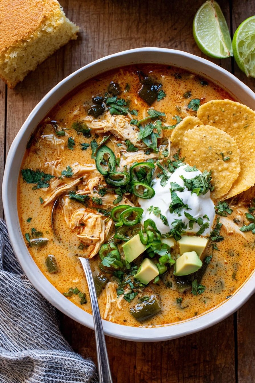 A white bowl filled with light orange creamy soup with pieces of shredded chicken and small chunks of green poblano peppers spread around. On the right side inside the bowl, there are two golden toasted tortilla slices slightly curved, and near the top are green avocado cubes. In the middle, there is a dollop of white sour cream topped with chopped green onions and cilantro leaves scattered around the bowl’s edges. A silver spoon rests on the left side inside the bowl. The bowl sits on a wooden surface with a piece of light brown cornbread and a wedge of lime near the top right corner, and a folded striped cloth napkin is visible in the bottom right corner. Photo taken with an iphone --ar 2:3 --v 7 - Creamy Chicken Chili, Creamy Chicken Chili recipe, Best chicken chili, Comforting chili recipes, Easy creamy chili