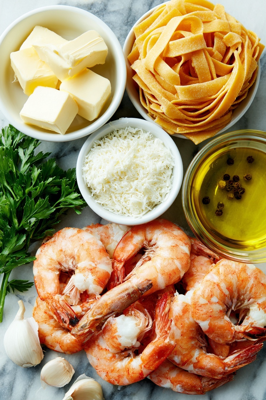 Flat lay of a small white ceramic bowl of golden butter, four whole garlic cloves, a small white bowl filled with thick heavy cream, a small white bowl piled with freshly grated parmesan cheese, a pinch of coarse salt and black peppercorns scattered nearby, a neat bundle of uncooked fettuccine noodles, a cluster of large raw shrimp with shells removed but tails on, a small white ceramic bowl of clear golden oil, and a few sprigs of fresh green parsley arranged symmetrically, placed on a clean white marble surface, soft natural light, photo taken with an iPhone, professional food photography style, fresh ingredients, white ceramic bowls, no bottles, no duplicates, no utensils, no packaging --ar 2:3 --v 7 --p m7354615311229779997 - Shrimp Alfredo Pasta, creamy shrimp pasta, easy Alfredo pasta, garlic shrimp pasta, quick seafood dinner