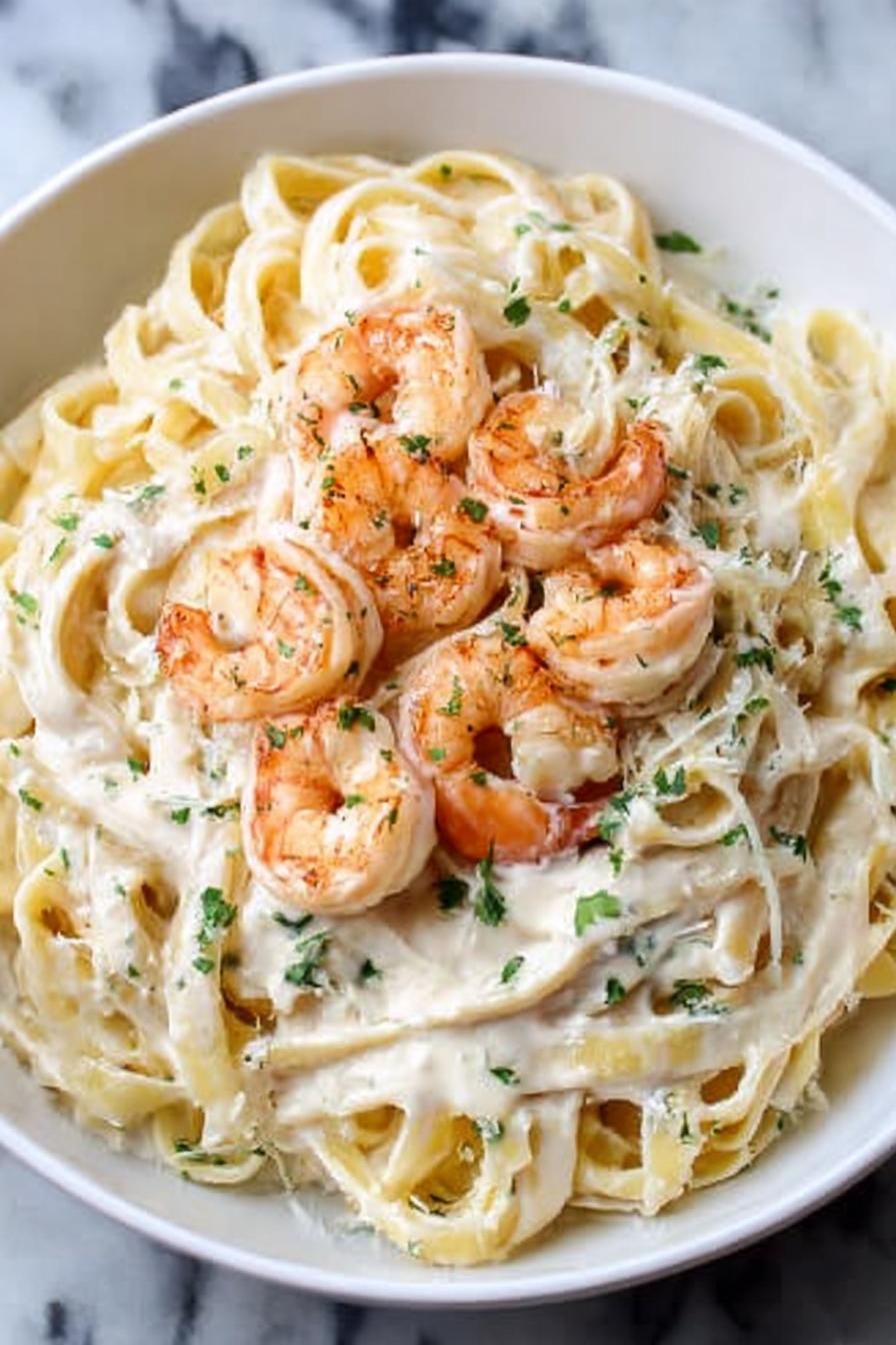 The image shows two parts: on the left is a cooking pan with shrimp partially cooked, some are pink with orange tails, others are still gray, all sprinkled with black pepper. On the right is a close-up of a white bowl filled with creamy white pasta and cooked shrimp mixed in, garnished lightly with chopped green herbs. A fork lifts some pasta curls towards the top left of the bowl. The background is white marbled texture. photo taken with an iphone --ar 2:3 --v 7 - Shrimp Alfredo Pasta, creamy shrimp pasta, easy Alfredo pasta, garlic shrimp pasta, quick seafood dinner