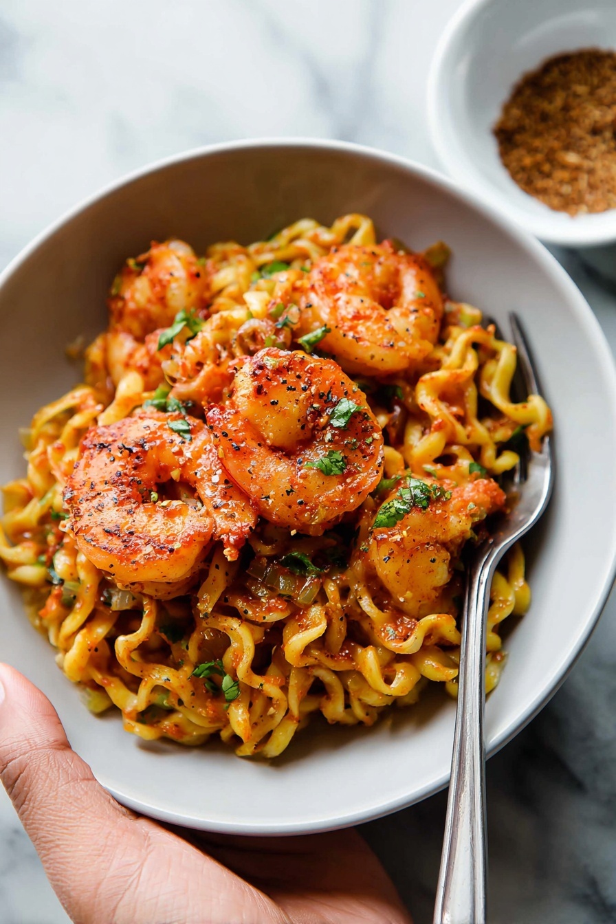 A white bowl holds a serving of curly yellow noodles mixed with large cooked shrimp that are orange and pink with some black pepper and green herb bits on top, giving a fresh look. The noodles and shrimp are coated in a shiny reddish-orange sauce with small white onion pieces visible. A woman's hand is holding the bowl from below, and a silver fork rests inside at the top. In the background, a small white bowl with a brown spice or seasoning is blurred, all set on a white marbled surface. photo taken with an iphone --ar 2:3 --v 7 - Shrimp Fra Diavolo Pasta, spicy shrimp pasta recipe, Italian seafood pasta, easy seafood pasta, quick dinner shrimp recipe