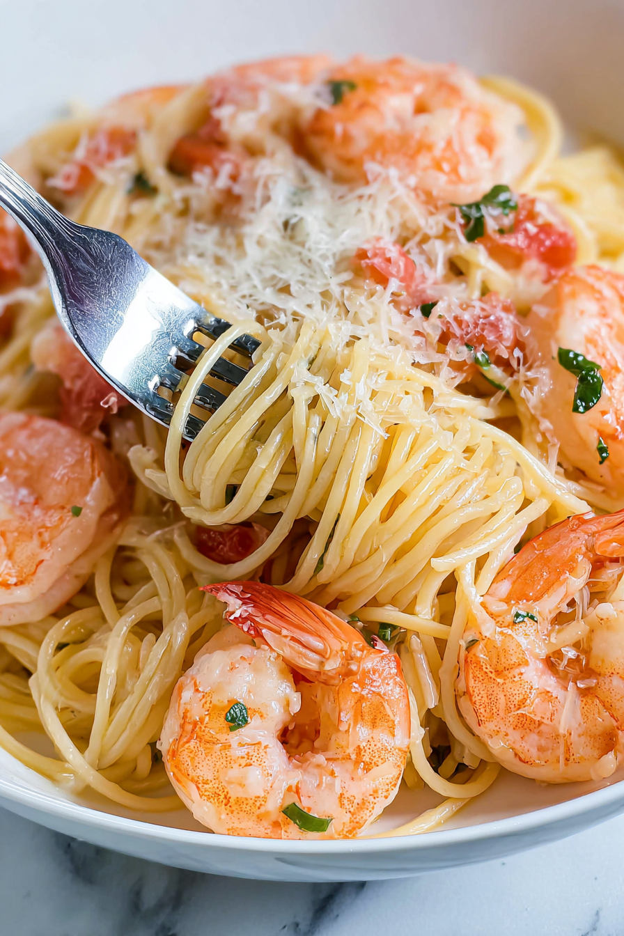 The image shows a close-up of a white bowl filled with spaghetti pasta topped with several large cooked shrimp, light pink in color with a slight orange tint. The pasta is light yellow with a smooth texture, mixed with small pieces of diced tomatoes and bits of green herbs scattered throughout. The top layer includes grated white cheese sprinkled over the shrimp and pasta. A silver fork is twirling some spaghetti and shrimp in the lower left corner of the bowl. The background is a white marbled texture. photo taken with an iphone --ar 2:3 --v 7 - Shrimp and Angel Hair Pasta, seafood pasta recipes, quick shrimp pasta, easy seafood dinner, light pasta dishes