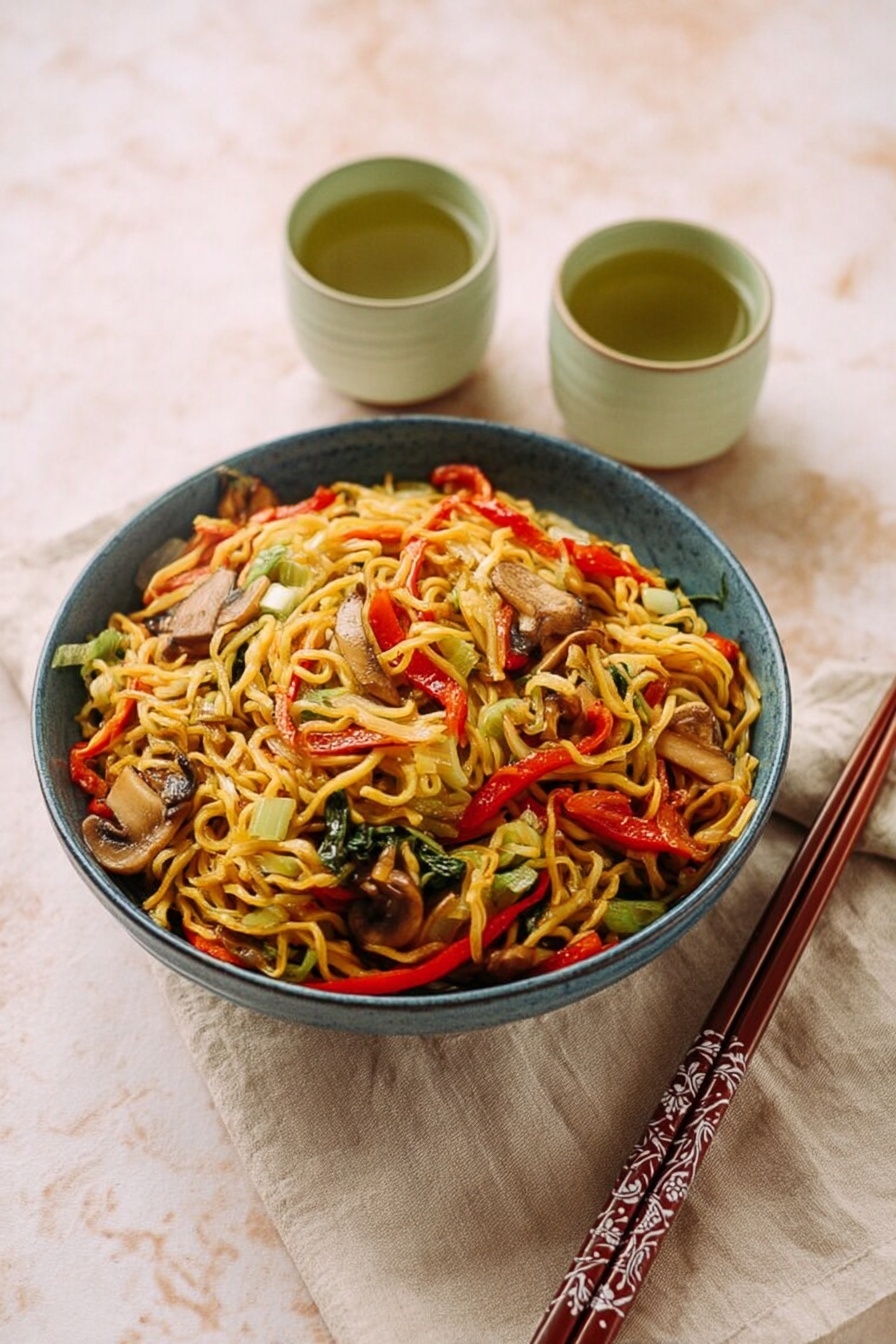 A blue bowl filled with cooked yellow noodles mixed with thin strips of red bell pepper, sliced mushrooms, chopped green vegetables, and small pieces of onion. The noodles and vegetables are well combined and lightly coated in sauce, giving them a shiny texture. Next to the bowl on the right, there is a pair of brown chopsticks with white patterns at the top resting on a light beige cloth on a white marbled surface. Behind the bowl, there are two light green cups filled with tea. The scene is softly lit and looks warm and inviting. Photo taken with an iphone --ar 2:3 --v 7 - Easy Chicken Yakisoba Stir-Fry, Chicken Yakisoba recipe, Asian stir-fry with chicken, quick chicken stir-fry, veggie-filled Yakisoba dish