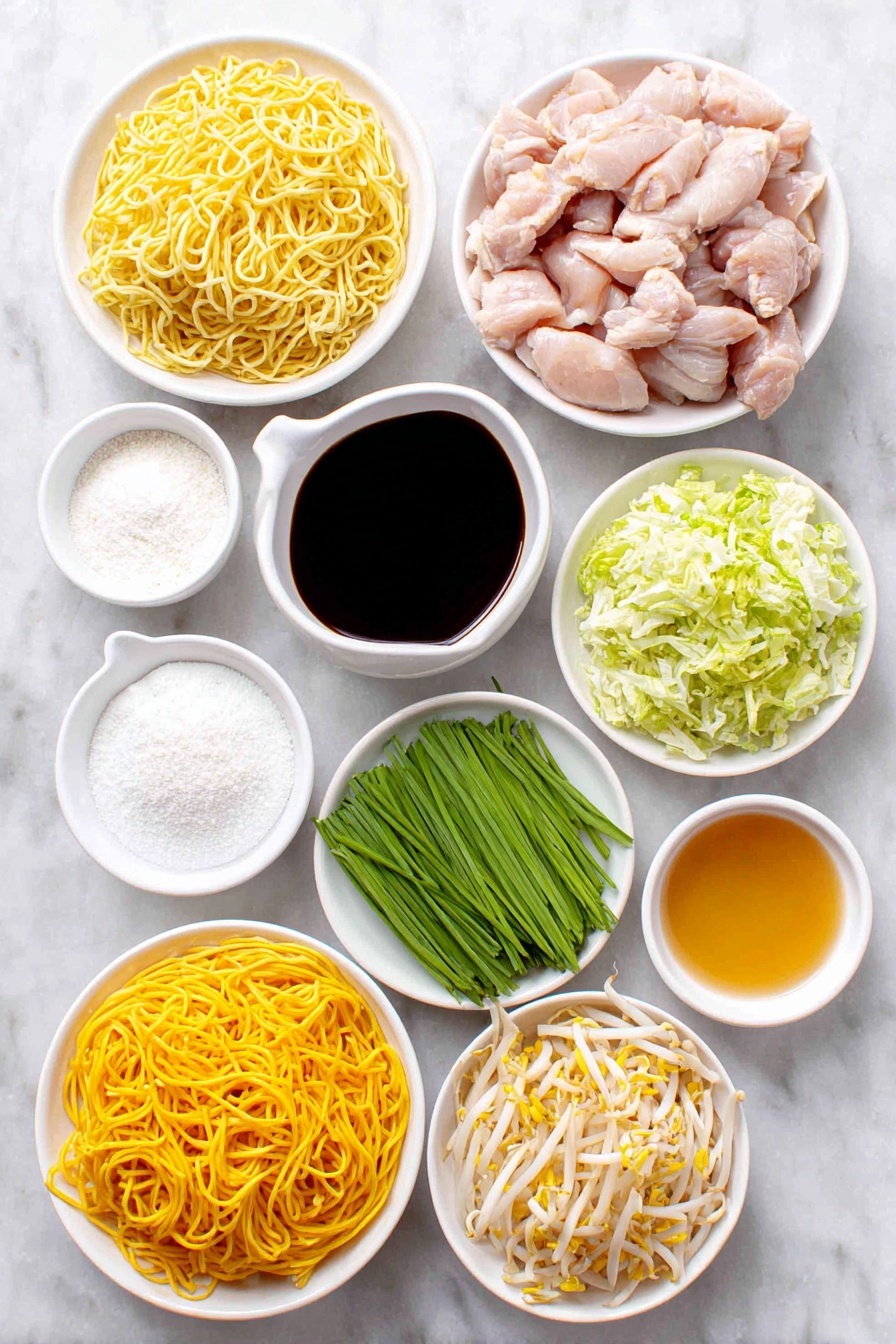 Flat lay of fresh lo mein egg noodles, raw boneless skinless chicken thighs cut into thin strips, a small white bowl with cornstarch powder, a small white bowl with clear water, a small white bowl with light golden cooking oil, a small white bowl of dark oyster sauce, a small white bowl of hot water, a small white bowl with salt crystals, a small white bowl with granulated sugar, a small white bowl with light soy sauce, a small white bowl with dark soy sauce, a small white bowl with amber sesame oil, a small white bowl with white pepper powder, a whole garlic clove, shredded fresh green cabbage, two medium fresh orange carrots julienned, a small white bowl with Shaoxing wine, fresh mung bean sprouts, and two fresh green scallions julienned, all arranged in perfect symmetry on simple white ceramic bowls and plates, placed on a clean white marble surface, soft natural light, photo taken with an iPhone, professional food photography style, fresh ingredients, white ceramic bowls, no bottles, no duplicates, no utensils, no packaging --ar 2:3 --v 7 --p m7354615311229779997 - Easy Restaurant-Style Chicken Lo Mein, Chicken Lo Mein, Chinese Chicken Noodles, Homemade Lo Mein, Quick Chicken Stir Fry