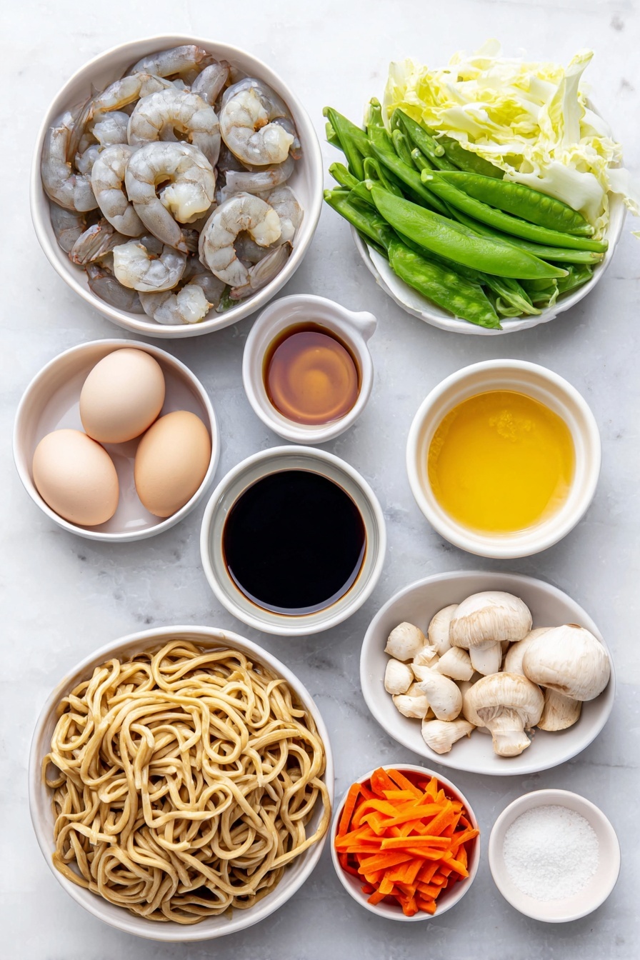 Flat lay of a small pile of fresh peeled and deveined shrimp, a nest of fresh lo mein noodles, two whole uncracked brown eggs, a few fresh button mushrooms sliced, a small white ceramic bowl holding a light golden neutral oil, a small white ceramic bowl with dark soy sauce, a small white ceramic bowl with oyster sauce, a small white ceramic bowl containing sesame oil, a small white ceramic bowl with Shaoxing wine, two cloves of whole garlic, a small heap of julienned fresh carrot sticks, a small pile of sliced bamboo shoots, a small pile of whole water chestnuts, a small heap of chopped napa cabbage leaves, a handful of fresh snow peas, a small mound of fresh mung bean sprouts, two long pieces of green scallion stalks, a tiny white bowl with ground white pepper and a tiny white bowl with sugar placed on a clean white marble surface, soft natural light, photo taken with an iPhone, professional food photography style, fresh ingredients, white ceramic bowls, no bottles, no duplicates, no utensils, no packaging --ar 2:3 --v 7 --p m7354615311229779997 - Shrimp Lo Mein, Shrimp Lo Mein recipe, easy shrimp lo mein, homemade lo mein, Asian shrimp stir-fry