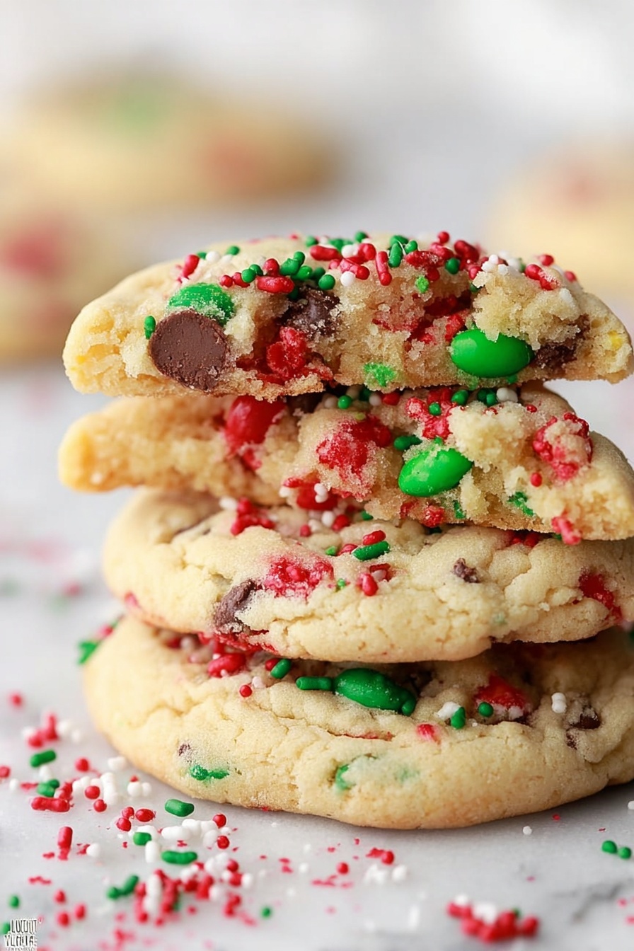 A stack of three cookies is shown on a white marbled surface. The bottom cookie is whole, round, and light golden brown with bright red and green candy pieces visible in its dough. On top, two cookies are broken in half, showing a soft inside with small chocolate pieces and colorful candy sprinkles in red and green on the top. The sprinkles are scattered on and around the cookies, adding a festive look. The focus is close-up, making the texture and colors clear. Photo taken with an iphone --ar 2:3 --v 7 - Chewy M&M Christmas Cookies, festive holiday cookies, easy Christmas cookie recipes, colorful holiday treats, soft chewy cookie ideas