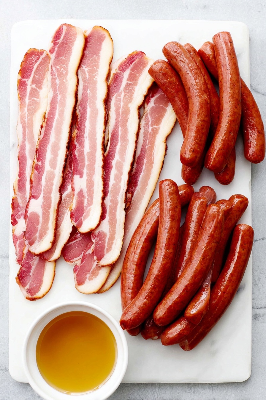 Flat lay of thick strips of raw smoked streaky bacon slightly curled, a neat pile of plump cocktail sausages with smooth natural skins, a small white ceramic bowl filled with golden glossy honey, all arranged in perfect symmetry on a clean white marble surface, soft natural light, photo taken with an iPhone, professional food photography style, fresh ingredients, white ceramic bowls, no bottles, no duplicates, no utensils, no packaging --ar 2:3 --v 7 --p m7354615311229779997 - Honey Glazed Bacon-Wrapped Sausages, bacon wrapped sausages, savory sausage appetizers, easy bacon-wrapped snacks, party appetizer recipes