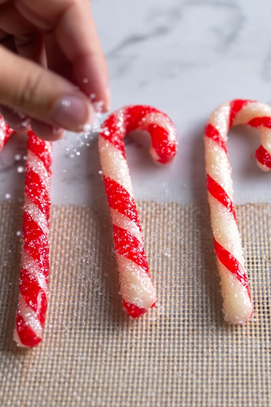 The image shows three candy cane-shaped treats on a textured mat with a woman's hand placing or sprinkling coarse sugar on the middle candy cane. Each candy cane has two twisted layers: one layer is red and shiny, the other is white and smooth, spiraled evenly around. The candy cane on the right is curved, while the other two are straight. The coarse sugar crystals catch the light, adding texture and a sparkling effect on the candy canes. The background surface is a white marbled texture. photo taken with an iphone --ar 2:3 --v 7 - Peppermint Candy Cane Cookies, holiday peppermint cookies, festive candy cane cookies, peppermint cookie recipe, Christmas cookie ideas