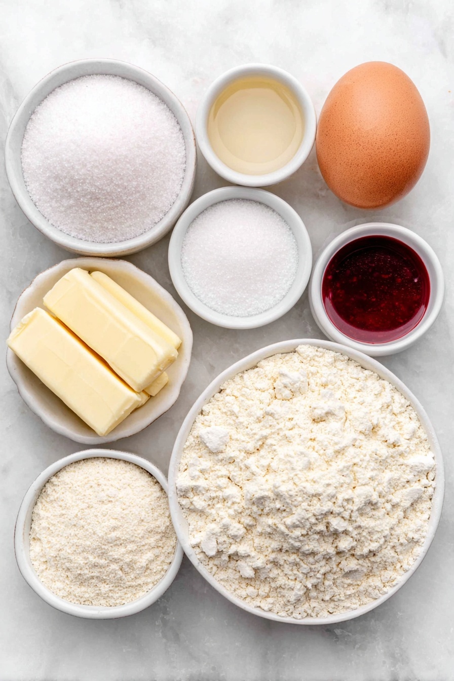 Flat lay of a small mound of white granulated sugar, two sticks of pale yellow unsalted butter at room temperature, a single large brown egg with a smooth shell, a small white ceramic bowl of clear vanilla extract, a small white ceramic bowl with fine white baking powder, a small white ceramic bowl of fine white salt, a pile of all-purpose flour, a small white ceramic bowl of vibrant liquid red food coloring, and a small white ceramic bowl of clear raspberry extract placed evenly and symmetrically on a clean white marble surface, soft natural light, photo taken with an iPhone, professional food photography style, fresh ingredients, white ceramic bowls, no bottles, no duplicates, no utensils, no packaging --ar 2:3 --v 7 --p m7354615311229779997 - Holiday Pinwheel Cookies, festive cookie ideas, swirl cookie recipe, easy holiday cookies, colorful cookie desserts