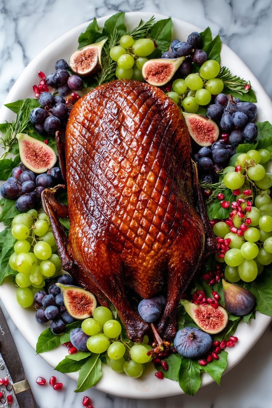 A whole roasted bird with a deep brown, crispy skin that has a crisscross pattern on top, placed in the center of a white plate. Around the bird is a layer of green leaves, which sit on a base of grapes in light green and dark purple shades. There are also fig halves with light pink insides and small clusters of deep red pomegranate seeds scattered around. The plate is on a white marbled surface, and a woman's hand is resting near the bottom left corner holding a knife. Photo taken with an iphone --ar 2:3 --v 7 - Crispy Roast Duck with Sweet Glaze, roasted duck with crispy skin, easy crispy duck recipe, sweet glazed roast duck, impressive holiday duck dish