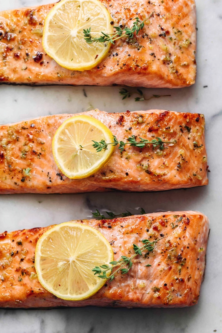 Three pieces of cooked salmon fillets are laid out vertically on a white marbled surface. Each fillet has a pinkish-orange color with a slightly crispy, textured top sprinkled with small bits of herbs and seasoning. On top of each fillet, there is a thin lemon slice with a small green thyme sprig placed on it. The salmon pieces are juicy with browned spots where they have cooked, and the white marbled surface beneath them adds a clean, bright contrast. photo taken with an iphone --ar 2:3 --v 7 - Healthy Baked Lemon Garlic Salmon, lemon garlic salmon, healthy salmon dinner, quick baked salmon, easy salmon recipes