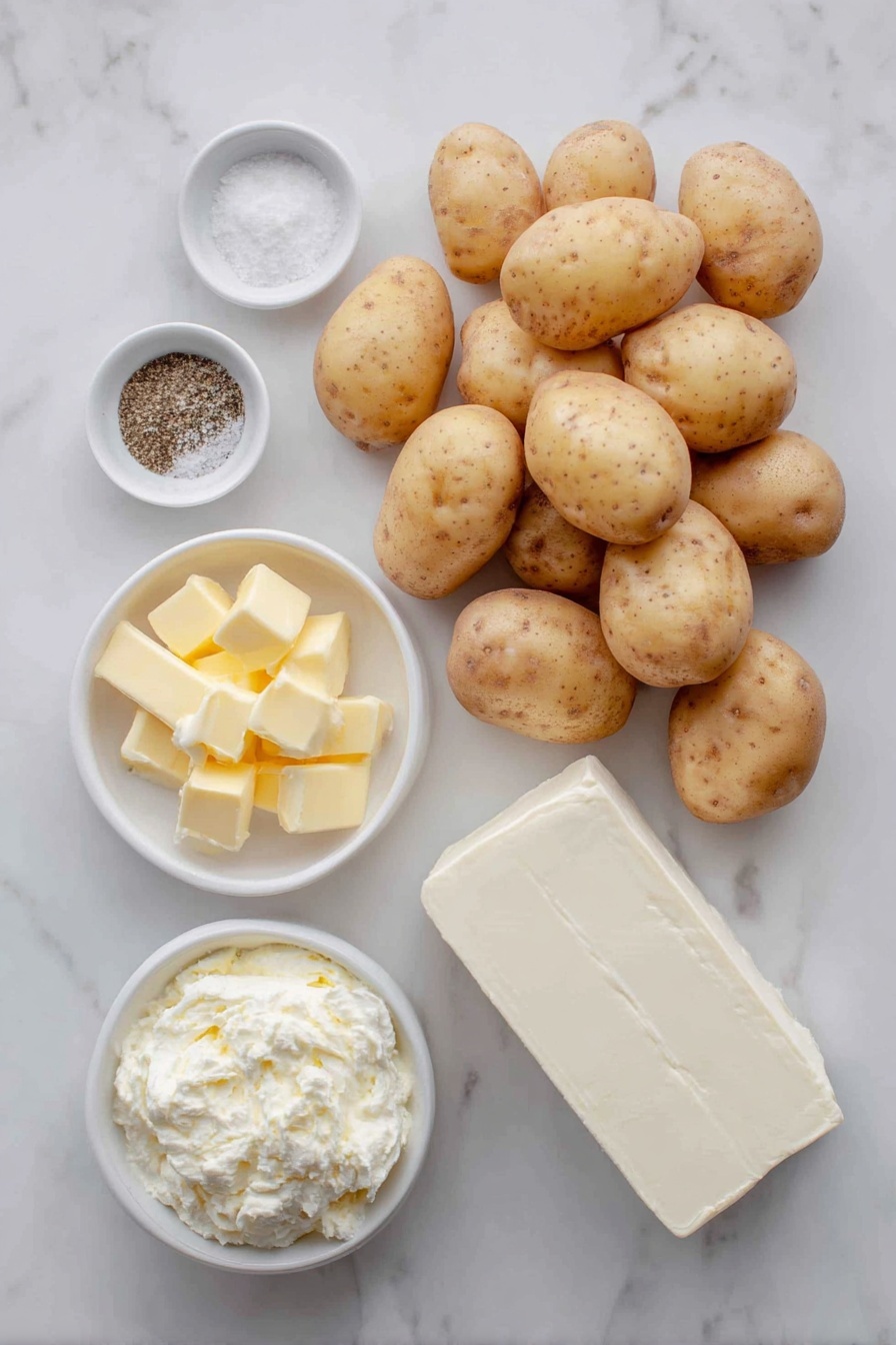 Flat lay of peeled russet potatoes cut into chunks, a few pats of golden butter, a block of soft cream cheese, a small white bowl of pale half-and-half, a small white bowl of creamy heavy cream, a small white bowl of coarse kosher salt, a small white bowl of ground black pepper, a small white bowl of Lawry's seasoned salt placed on a clean white marble surface, soft natural light, photo taken with an iPhone, professional food photography style, fresh ingredients, white ceramic bowls, no bottles, no duplicates, no utensils, no packaging --ar 2:3 --v 7 --p m7354615311229779997 - Creamy Mashed Potatoes, mashed potato recipe, creamy side dish, comfort food recipes, easy mashed potatoes