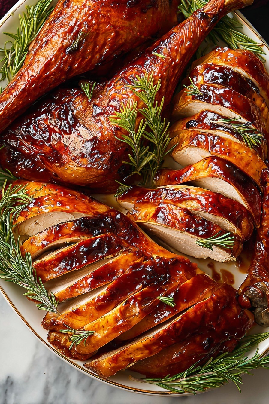 The image shows a golden brown roasted whole chicken on a shiny gold platter, with visible dark brown glaze streaks creating a striped pattern on the skin. The chicken is placed on top of sprigs of fresh green rosemary, which are also scattered around the platter. In front of the chicken, there are several thick, sliced pieces of white meat layered neatly, garnished with small green herbs on top. Another whole roasted chicken with similar colors and glaze is partly visible in the background. The dish sits on a white marbled surface. Photo taken with an iphone --ar 2:3 --v 7 - Maple Butter Glazed Roast Turkey, roast turkey with maple glaze, festive turkey recipe, juicy roast turkey, easy holiday turkey