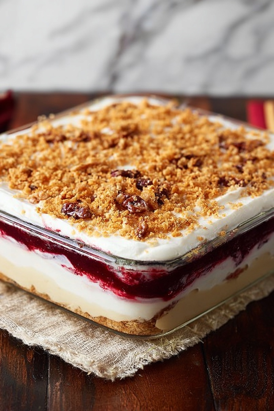 This image shows a square glass dish filled with a layered dessert. The bottom layer is light beige and smooth, likely a crust or base. Above that is a dark red layer, rich and thick, probably a fruit or berry filling. The third layer is thick, white, and creamy, covering the fruit layer completely. The top layer consists of crumbled golden brown nuts and crumbs scattered evenly, adding a crunchy texture. The dish sits on a piece of cloth on a dark wooden surface, with a white marbled background. photo taken with an iphone --ar 2:3 --v 7 - No-Bake Cranberry Cheesecake Pie, festive cranberry dessert, easy no-bake cheesecake, holiday dessert recipes, creamy cranberry pie
