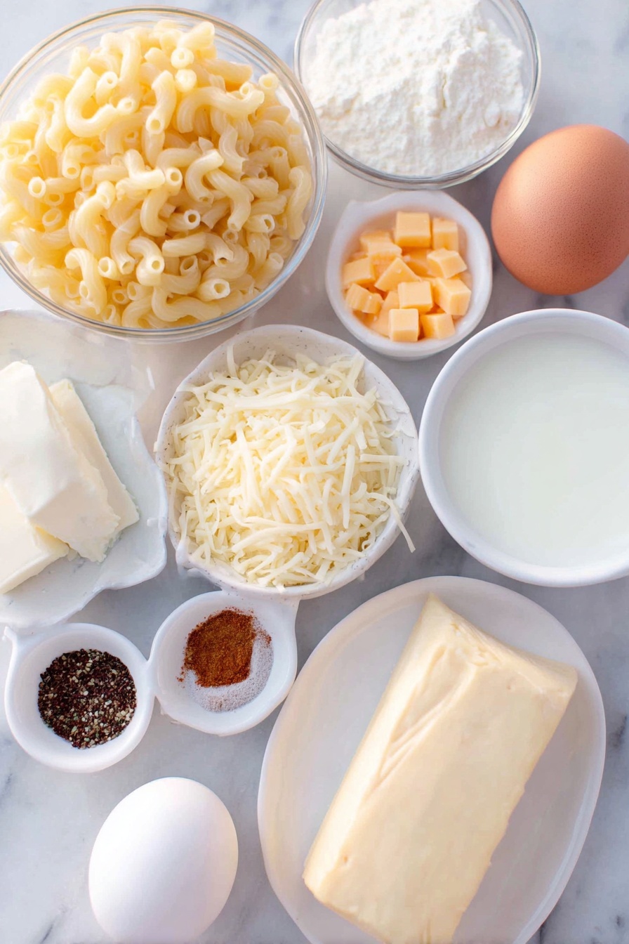 Flat lay of elbow macaroni pasta arranged beside a whole large brown egg with a clean shell, a small white ceramic bowl of diced bright orange Velveeta cheese, a small white bowl filled with shredded pale yellow Colby cheese, another small white bowl holding shredded creamy white Monterey Jack cheese, a small white bowl of shredded sharp cheddar cheese in a deep golden yellow hue, a small white bowl with smooth heavy cream, a small white bowl of sour cream with a glossy surface, a small white bowl containing diced salted butter in rich yellow cubes, a small white bowl filled with evaporated milk that looks creamy and off-white, and a set of small white ceramic bowls each holding fine spices: cracked black peppercorns, reddish-brown seasoned salt, deep red cayenne pepper powder, pure white ground white pepper, light beige garlic powder, mustard-colored ground mustard, pale onion powder, warm paprika powder, granulated white sugar, and a tiny bowl with light brown ground nutmeg powder — all ingredients placed symmetrically on a clean white marble surface, soft natural light, photo taken with an iPhone, professional food photography style, fresh ingredients, white ceramic bowls, no bottles, no duplicates, no utensils, no packaging --ar 2:3 --v 7 --p m7354615311229779997 - Classic Baked Macaroni and Cheese, cheesy baked pasta, comfort food recipes, homemade mac and cheese, easy baked macaroni