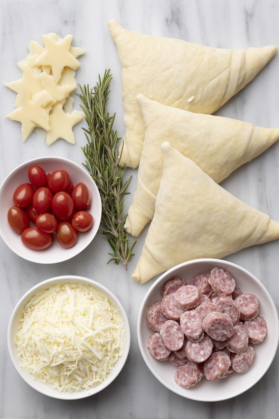 Flat lay of two unrolled crescent roll dough triangles, several smaller crescent dough triangles, a cluster of miniature smoked sausages, fresh rosemary sprigs with vibrant green needles, a small bowl of glossy cherry tomatoes, and a few star-shaped slices of pale provolone cheese arranged neatly on simple white ceramic bowls and plates, placed on a clean white marble surface, soft natural light, photo taken with an iPhone, professional food photography style, fresh ingredients, white ceramic bowls, no bottles, no duplicates, no utensils, no packaging --ar 2:3 --v 7 --p m7354615311229779997 - Pigs in a Blanket Wreath, festive appetizer ideas, easy party appetizers, holiday appetizer recipes, party centerpieces
