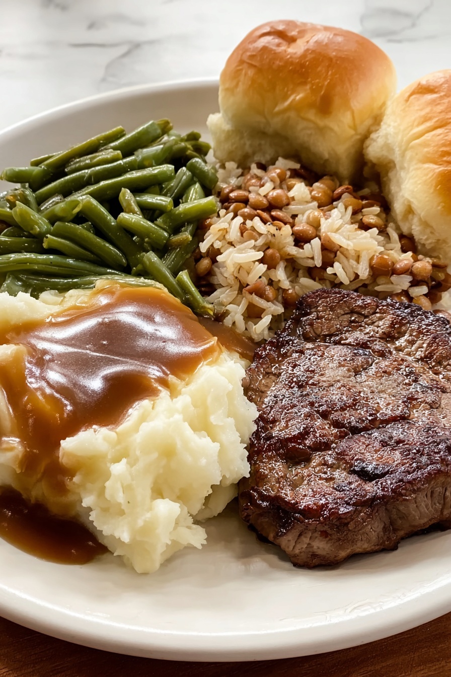 A white plate holds a meal with five parts: at the front right is a dark brown, shiny grilled steak with a moist surface and grill marks; behind the steak to the left are soft mashed potatoes topped with smooth brown gravy; above the potatoes are green beans with a slightly wet texture and bright green color; next to the green beans at the back center is a serving of light brown rice mixed with small bits of darker ingredients; on the right edge of the plate are two golden-brown, fluffy dinner rolls with a soft texture. The plate sits on a white marbled surface. photo taken with an iphone --ar 2:3 --v 7 - Sweet Soy Butter Beef Tenderloin, beef tenderloin with soy butter, simple beef tenderloin recipe, baked beef tenderloin, flavorful beef dinner