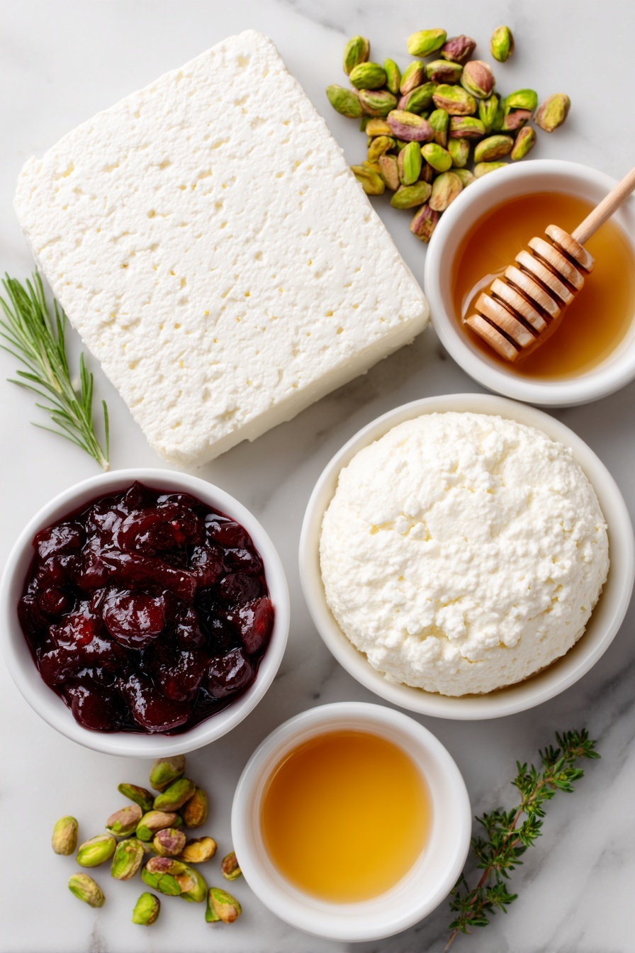 Flat lay of a block of crumbly white feta cheese beside a smooth round of cream cheese, a small white ceramic bowl filled with glossy whole cranberry sauce showing whole cranberries, another small white bowl holding clear golden honey, a neat pile of shelled green pistachios, all arranged with perfect symmetry on a clean white marble surface, soft natural light, photo taken with an iPhone, professional food photography style, fresh ingredients, white ceramic bowls, no bottles, no duplicates, no utensils, no packaging --ar 2:3 --v 7 --p m7354615311229779997 - Cranberry Feta Dip with Pistachios, cranberry feta dip, holiday cheese dip, festive appetizer recipes, easy party dip