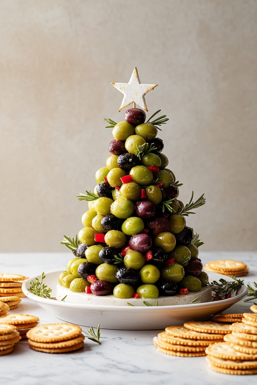A cone-shaped stack of green, black, and dark purple olives mixed with red bell pepper pieces and small green rosemary sprigs, forming what looks like a small Christmas tree. A white star-shaped topper at the peak completes the look. The olive tower sits on a white plate, surrounded by several stacks and loose round golden crackers on a white marbled surface, set against a plain beige textured background. photo taken with an iphone --ar 2:3 --v 7 - Cheese Ball Christmas Tree, festive cheese ball appetizer, holiday cheese ball, Christmas party appetizer, Christmas cheese centerpiece