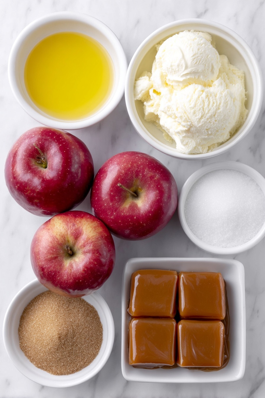 Flat lay of four whole fresh red apples, a small white ceramic bowl of golden melted butter, a small white ceramic bowl of packed brown sugar, a small white ceramic bowl of granulated white sugar, a small white ceramic bowl of ground cinnamon, eight unwrapped chewy caramel squares arranged neatly, a scoop of natural vanilla ice cream with visible vanilla bean flecks in a simple white ceramic bowl, and a small white ceramic bowl with smooth caramel sauce, all placed on a clean white marble surface, soft natural light, photo taken with an iPhone, professional food photography style, fresh ingredients, white ceramic bowls, no bottles, no duplicates, no utensils, no packaging --ar 2:3 --v 7 --p m7354615311229779997 - Caramel Apple Blossoms, apple dessert recipes, caramel apple desserts, easy apple tart, autumn fruit desserts