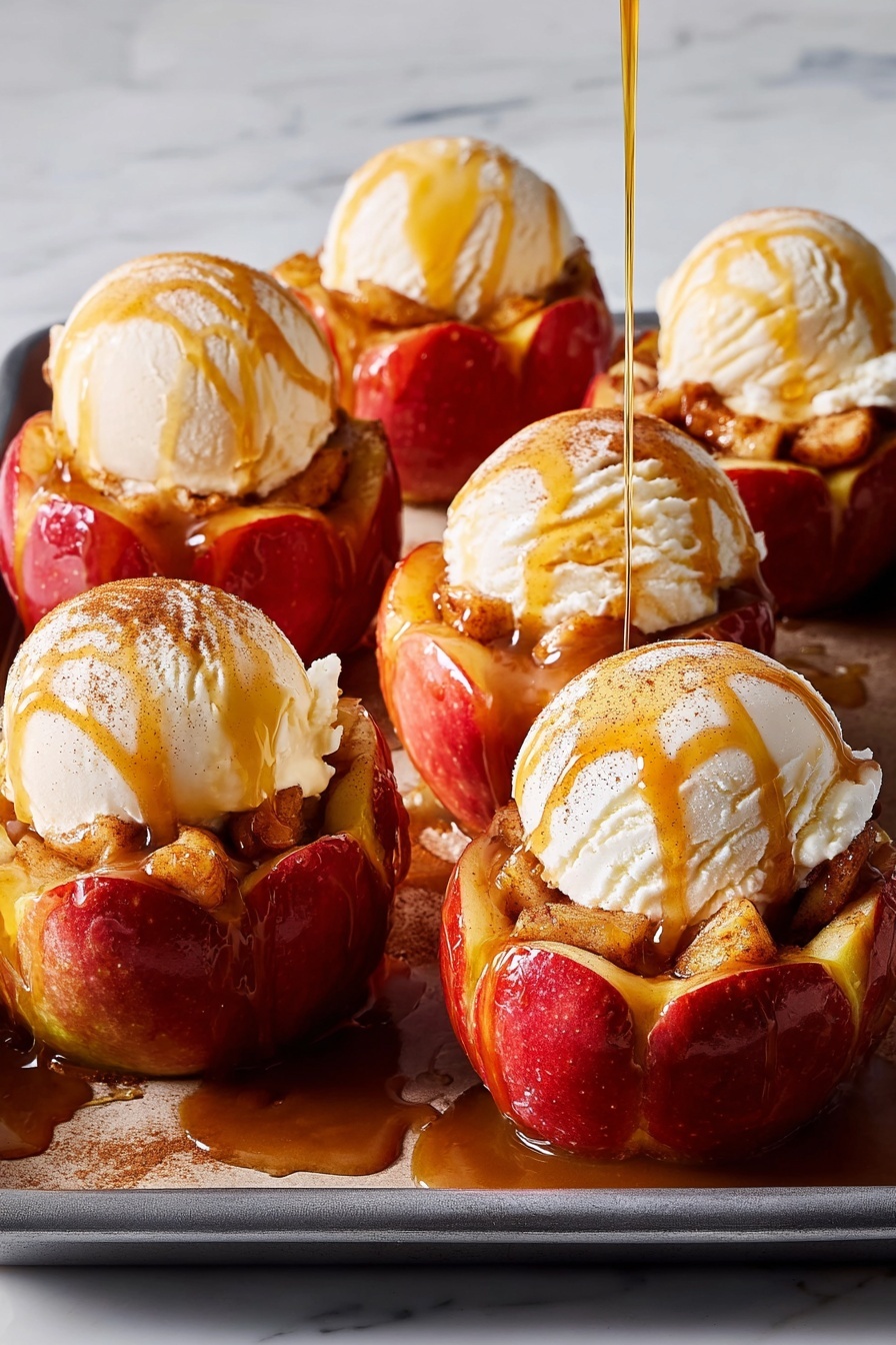 The image shows six red apples with their tops cut off and the inside scooped out into a flower-like shape, arranged close together on a tray. Each apple is filled with cooked apple pieces sprinkled with cinnamon, and on top of each filled apple is a large, round scoop of creamy white vanilla ice cream with visible vanilla bean specks. Golden caramel sauce is being poured over the ice cream, creating shiny, thick drips running down the sides of each scoop and apple. The tray rests on a white marbled surface. photo taken with an iphone --ar 2:3 --v 7 - Caramel Apple Blossoms, apple dessert recipes, caramel apple desserts, easy apple tart, autumn fruit desserts