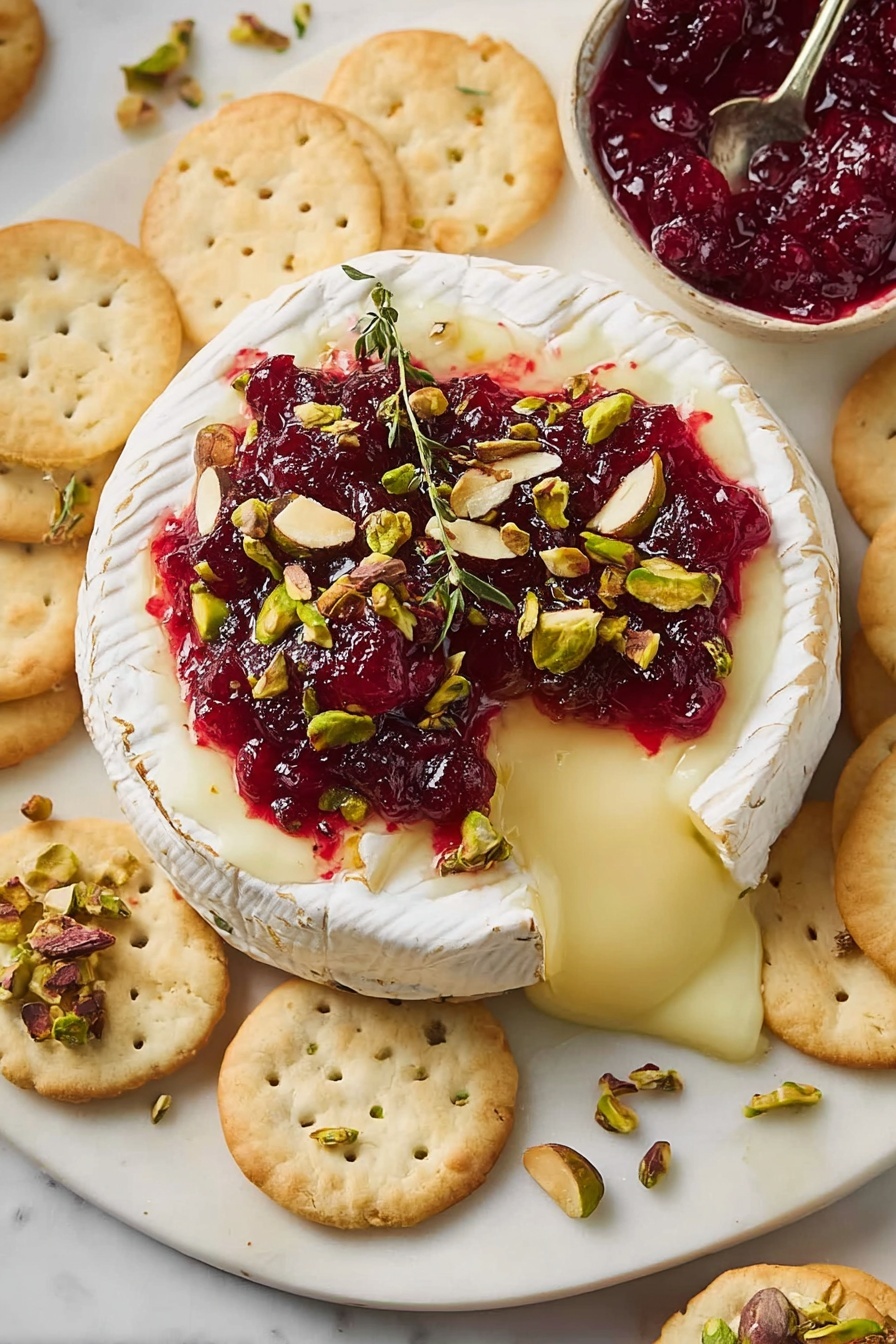 A round wheel of soft cheese with a smooth white rind sits at the center, partially oozing creamy yellow cheese onto a white plate with a white marbled texture. On top, there is a thick layer of deep red cranberry sauce spread unevenly, sprinkled with chopped green pistachios, whole almonds, and small green herb leaves. Surrounding the cheese are several round pale crackers, some plain and one topped with a mix of cheese, cranberry sauce, and an almond piece. A small bowl with more bright red cranberry sauce and a spoon is visible at the top right on the white marbled surface. Photo taken with an iphone --ar 2:3 --v 7 - Baked Brie with Cranberry Sauce, easy holiday appetizer, flavorful Brie cheese dish, festive cheese appetizer, quick party snack