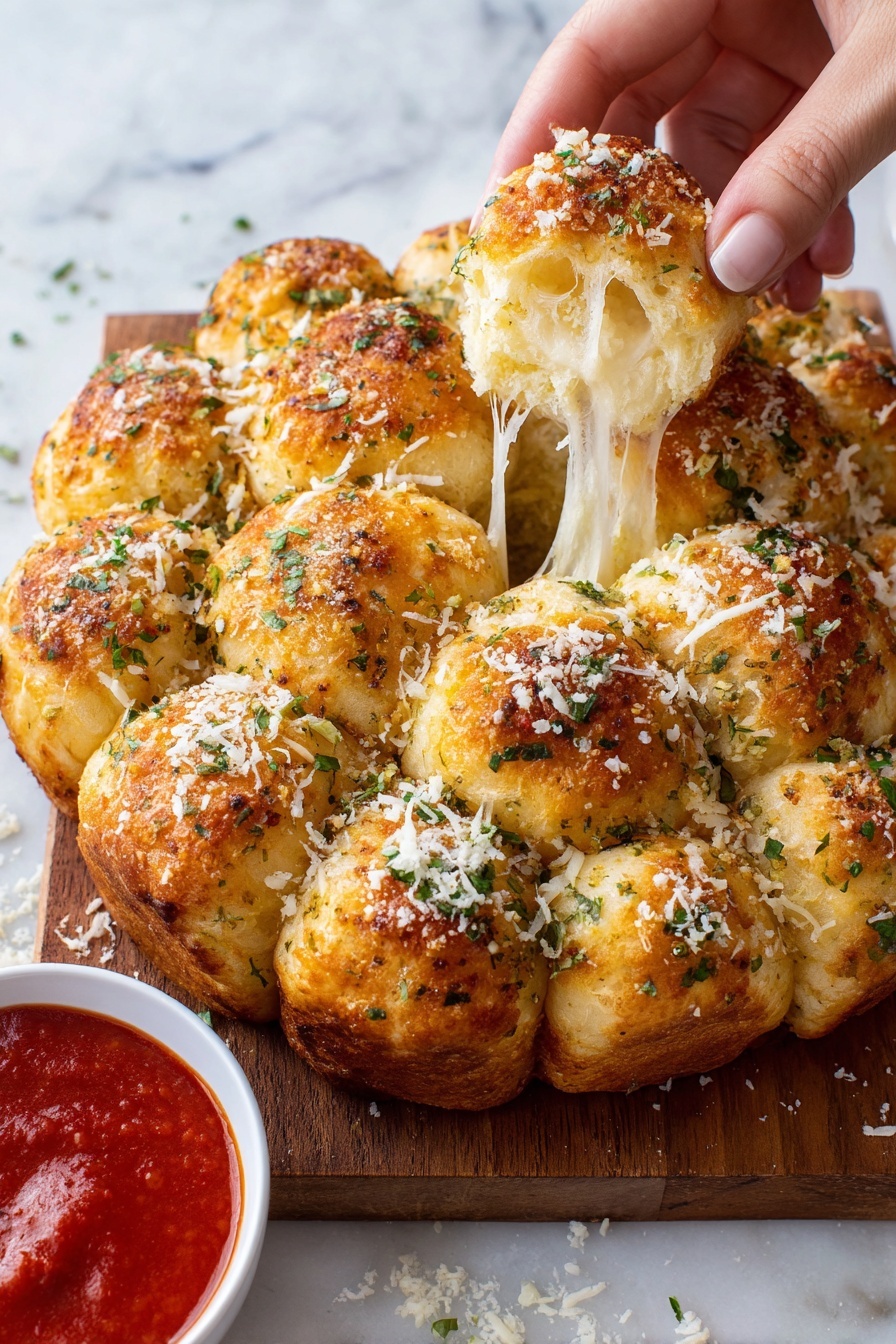The image shows a triangular shape made with 27 golden-baked dough balls arranged in layers to form a Christmas tree shape, with the dough balls having a soft texture and sprinkled with green parsley and white grated cheese on top. To the top right of this triangle, there is a small white bowl filled with smooth red marinara sauce, placed on a wooden tray with warm brown tones and a brass handle, all set on a surface with a white marbled texture. photo taken with an iphone --ar 2:3 --v 7 - Christmas Tree Cheese Pull Apart Bread, festive cheesy bread, holiday appetizer, Christmas snack recipes, cheesy pull apart bread