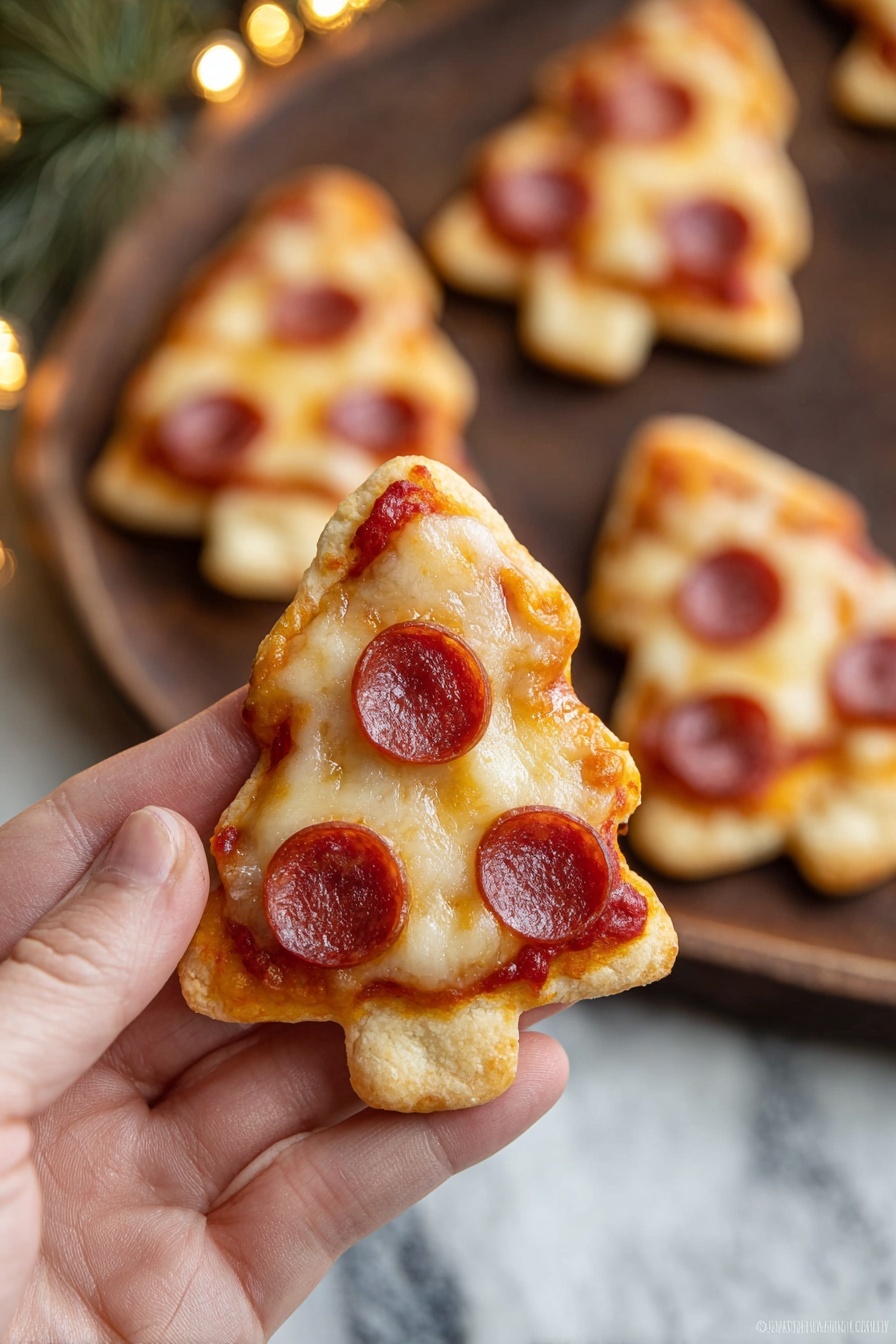 A woman's hand is holding a small tree-shaped pizza with a light golden crust. The pizza has a thin layer of bright red tomato sauce, topped with melted yellowish cheese that looks soft and bubbly. Three small, round slices of pepperoni with a reddish-brown color sit evenly spaced on the pizza. In the blurred background, there are more similar tree-shaped pizzas placed on a dark wooden board. The photo is taken on a white marbled texture surface. photo taken with an iphone --ar 2:3 --v 7 - Christmas Tree Pizza Bites with Puff Pastry, holiday appetizer recipes, festive pizza bites, easy Christmas party snacks, puff pastry appetizer ideas