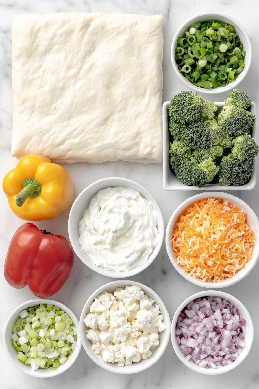 Flat lay of two overlapping sheets of crescent roll dough, a small white bowl of whipped chive cream cheese, a small white bowl of sour cream, one whole red bell pepper, one whole yellow bell pepper, a small white bowl with small diced broccoli florets, a small white bowl with small diced cauliflower florets, a small white bowl of grated carrots, a small white bowl with halved cherry tomatoes, a small white bowl with finely diced red onion, and a small white bowl with thinly sliced green onion, all arranged in perfect symmetry on a clean white marble surface, soft natural light, photo taken with an iPhone, professional food photography style, fresh ingredients, white ceramic bowls, no bottles, no duplicates, no utensils, no packaging --ar 2:3 --v 7 --p m7354615311229779997 - Christmas Veggie Pizza, Festive Veggie Pizza, Holiday Vegetable Appetizer, Christmas Party Food, Colorful Veggie Pizza