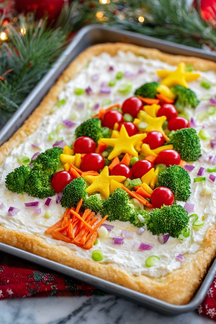 A rectangular tart with a golden-brown crust forms the outer layer, holding a smooth white creamy base mixed with small purple and green vegetable bits. On top of this base, broccoli florets are arranged in the shape of a Christmas tree, bright green and fresh. Decorated on the broccoli tree are red cherry tomato halves and star-shaped yellow and red bell pepper pieces, as well as thin orange carrot strips, giving a colorful festive look. The tart is set on a white marbled surface with a purple onion on the left, a bunch of green onions below, and red and yellow bell peppers placed on the right side. Photo taken with an iphone --ar 2:3 --v 7 - Christmas Veggie Pizza, Festive Veggie Pizza, Holiday Vegetable Appetizer, Christmas Party Food, Colorful Veggie Pizza