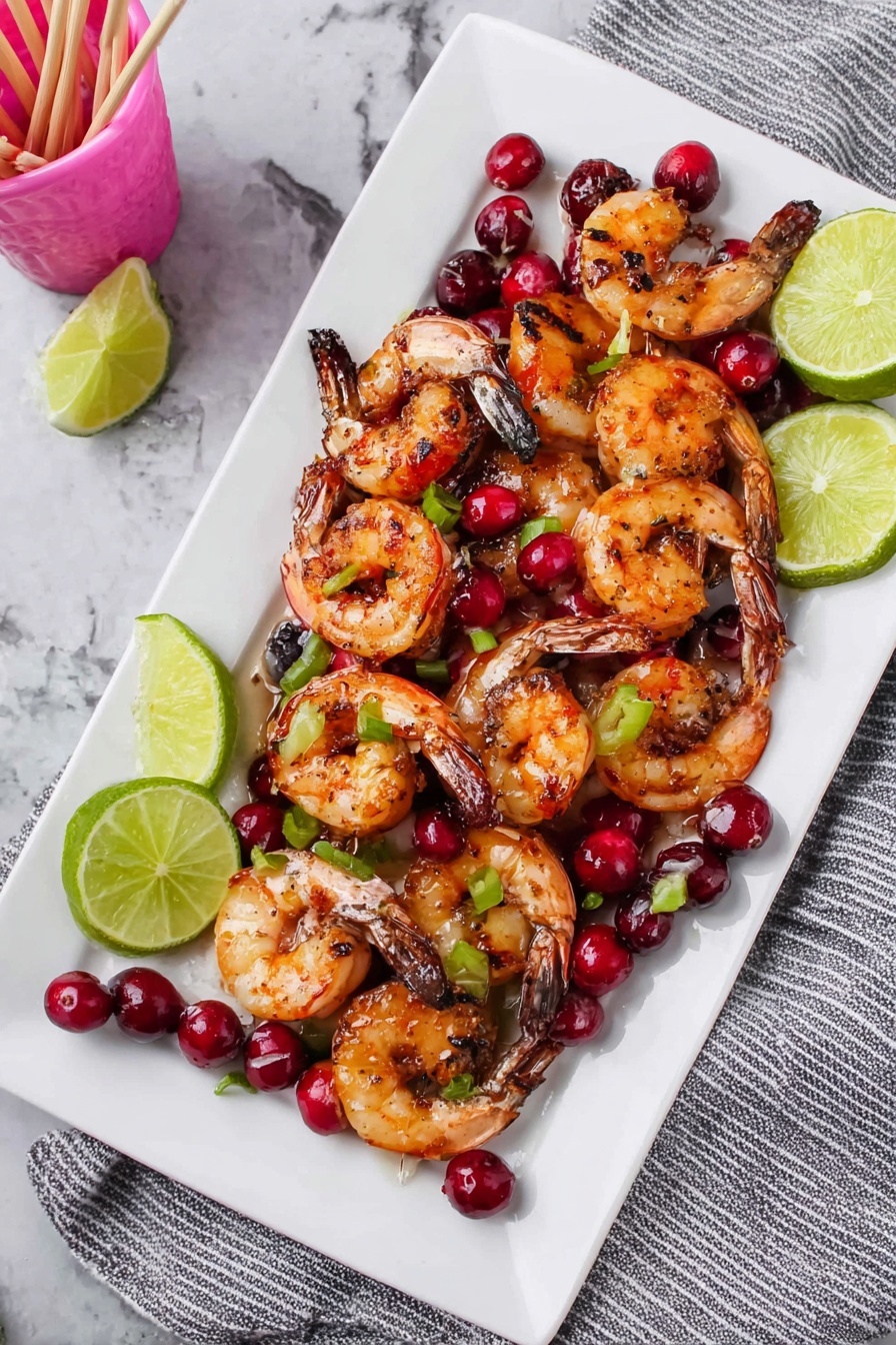 A white rectangular plate holds a single layer of grilled shrimp, each shrimp showing char marks with a mix of bright orange and slightly blackened edges. Bright red cranberries are scattered on and around the shrimp, adding a pop of color. Light green slices of jalapeño peppers are interspersed among the shrimp, along with lime wedges placed on the plate’s edges and in between the shrimp, showing some juicy green inside. The plate sits on a white marbled surface with a striped cloth partially visible on the side. photo taken with an iphone --ar 2:3 --v 7 - Spicy Cranberry Shrimp Skewers, Cranberry Shrimp Skewers, Spicy Shrimp Appetizer, Holiday Shrimp Skewers, Easy Shrimp Skewers Recipe