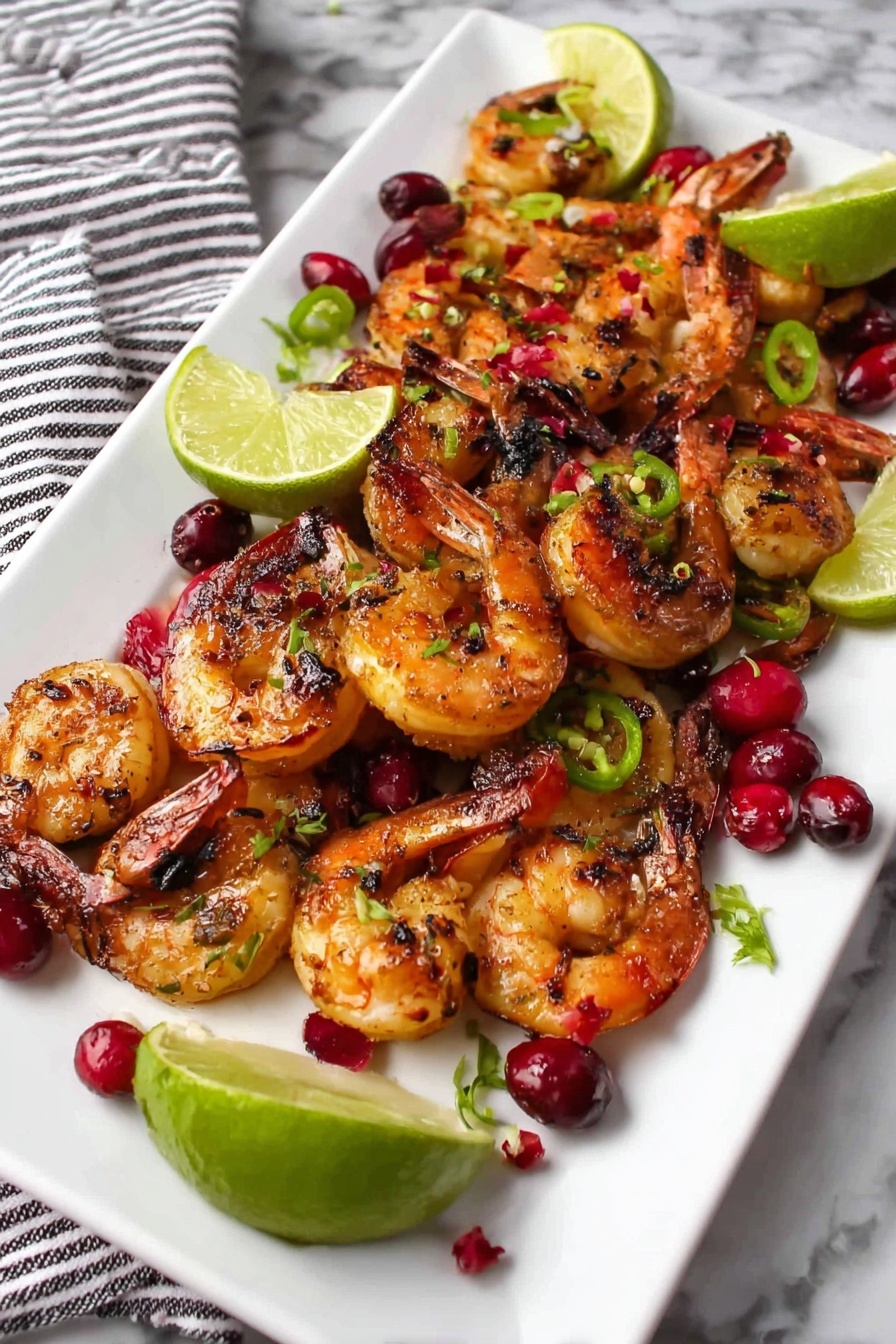 The dish shows a white rectangular plate with grilled shrimp placed in a slightly spread out arrangement. The shrimp are reddish with some char marks and a shiny glaze texture. Scattered among the shrimp are whole dark red cranberries and small green chili slices, adding pops of color. There are three lime wedges placed among the shrimp, each with bright green skin and pale yellow-green inside. The plate is set on a white marbled surface with a white and gray striped cloth partially underneath, and to the left of the plate is a small pink container holding several light brown bamboo picks tied in loops. Photo taken with an iphone --ar 2:3 --v 7 - Spicy Cranberry Shrimp Skewers, Cranberry Shrimp Skewers, Spicy Shrimp Appetizer, Holiday Shrimp Skewers, Easy Shrimp Skewers Recipe