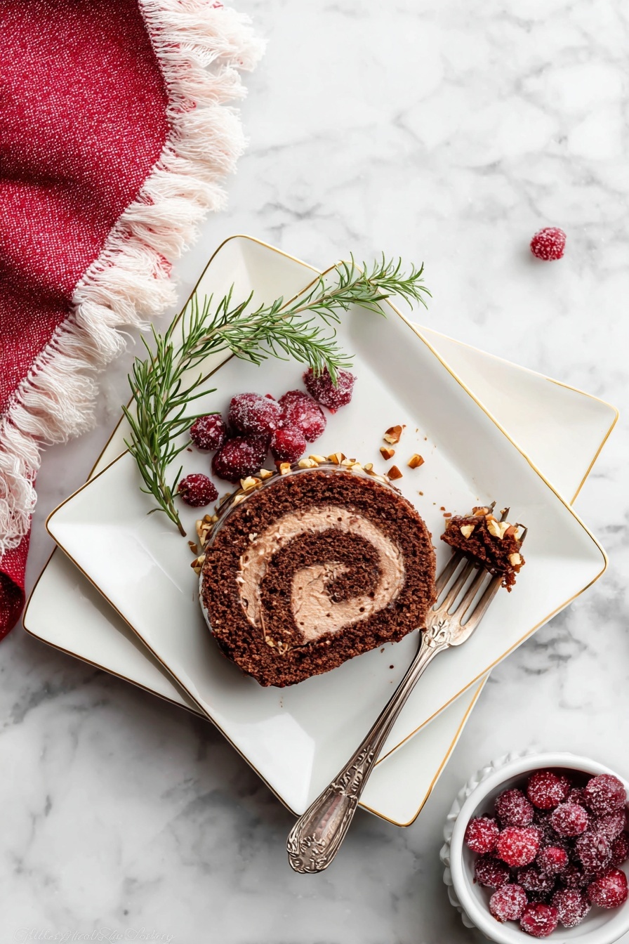The image shows a slice of chocolate roll cake on a white square plate with golden edges, placed on top of another similar plate. The cake has two visible layers: a dark brown, soft chocolate sponge and a lighter brown cream filling, spiraled together. The cake slice is sprinkled with small pieces of nuts on top and surrounded by a few sugared red berries and green rosemary sprigs on the left side. A silver fork with some cake crumbs is resting at the bottom right of the plate. To the right, there is a small white bowl filled with more sugared red berries. The setup is on a white marbled surface with a red cloth with white fringes at the top left. Photo taken with an iphone --ar 2:3 --v 7 - Chocolate Yule Log Cake, Yule Log Dessert, Holiday Chocolate Cake, Bûche de Noël, Festive Christmas Cake