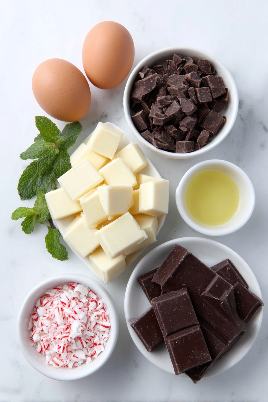 Flat lay of coarsely chopped white chocolate chunks in a small white ceramic bowl, coarsely chopped semi-sweet chocolate pieces in another small white ceramic bowl, two whole uncracked brown eggs, a few sprigs of fresh peppermint leaves, small white ceramic bowls each containing a clear liquid vegetable oil and translucent peppermint extract, and a simple white ceramic bowl filled with crushed candy cane pieces, arranged symmetrically and balanced in realistic proportions, placed on a clean white marble surface, soft natural light, photo taken with an iPhone, professional food photography style, fresh ingredients, white ceramic bowls, no bottles, no duplicates, no utensils, no packaging --ar 2:3 --v 7 --p m7354615311229779997 - Peppermint Chocolate Bark, peppermint chocolate bark, festive chocolate treats, easy holiday bark, Christmas candy recipes