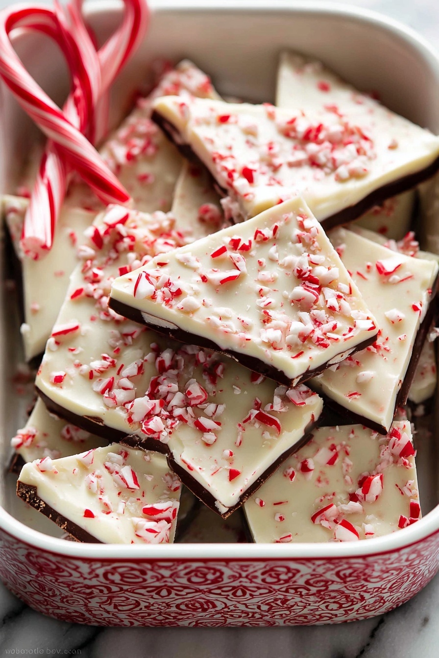 A stack of six rectangular peppermint bark pieces sits on a white plate, each piece showing three clear layers: a thick bottom layer of smooth white chocolate, a middle layer of rich dark chocolate, and a top layer of white chocolate sprinkled with crushed red and white peppermint bits, giving a textured and colorful finish. The stack is centered on a white marbled surface with a clean, simple background. Photo taken with an iphone --ar 2:3 --v 7 - Peppermint Chocolate Bark, peppermint chocolate bark, festive chocolate treats, easy holiday bark, Christmas candy recipes