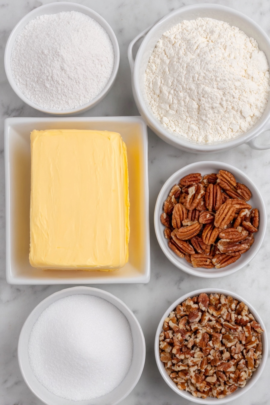 Flat lay of unsalted butter block softened and slightly creamy, a small white bowl with fine confectioners’ sugar, a small white bowl with pure vanilla extract, a small white bowl with all-purpose flour, a small white bowl with fine salt, a small white bowl with chopped and toasted pecans, all ingredients fresh and natural, arranged in perfect symmetry on simple white ceramic bowls placed on a clean white marble surface, soft natural light, photo taken with an iPhone, professional food photography style, fresh ingredients, white ceramic bowls, no bottles, no duplicates, no utensils, no packaging --ar 2:3 --v 7 --p m7354615311229779997 - Easy Snowball Cookies with Pecans, simple holiday cookies, pecan snowball cookies, melt-in-your-mouth butter cookies, quick nut ball cookies
